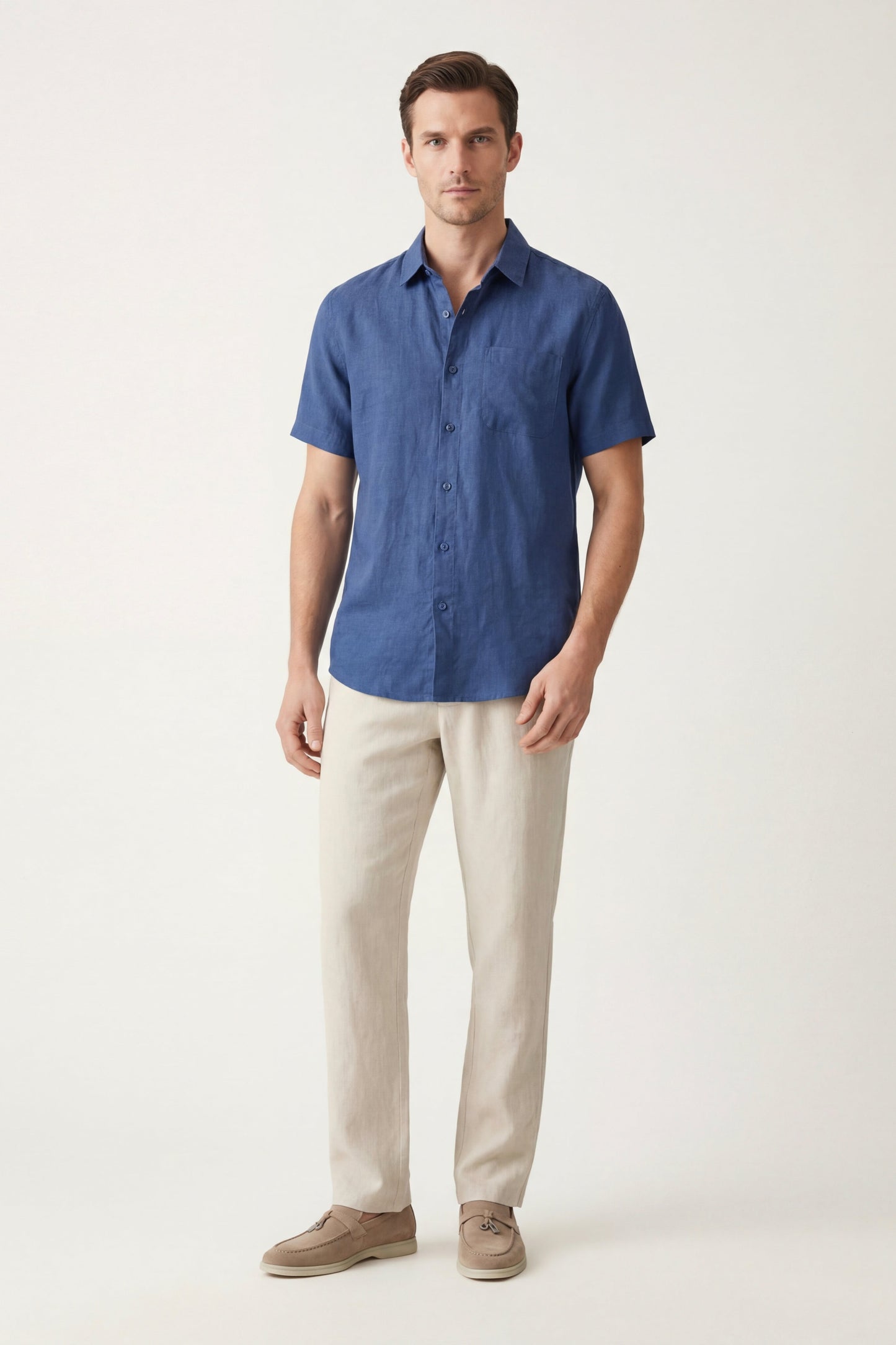 Trento de Luna Bellucci, conjunto de lino para hombre en azul/beige