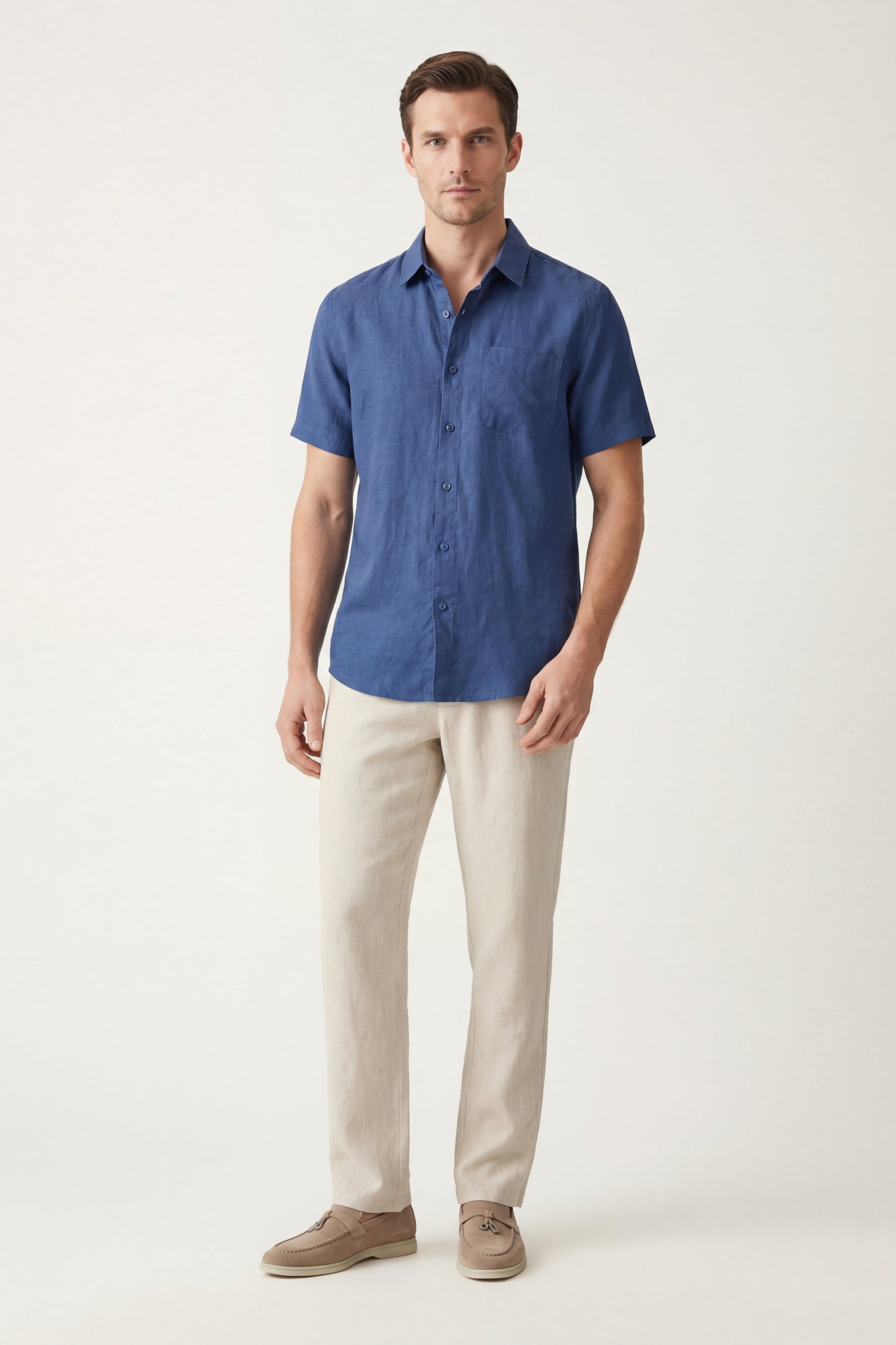Trento de Luna Bellucci, conjunto de lino para hombre en azul/beige