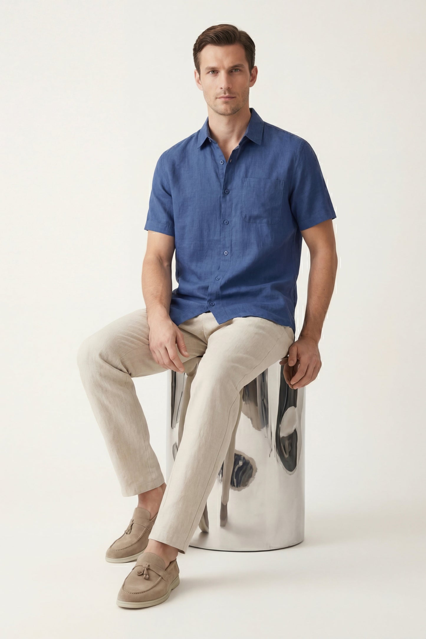 Trento de Luna Bellucci, conjunto de lino para hombre en azul/beige