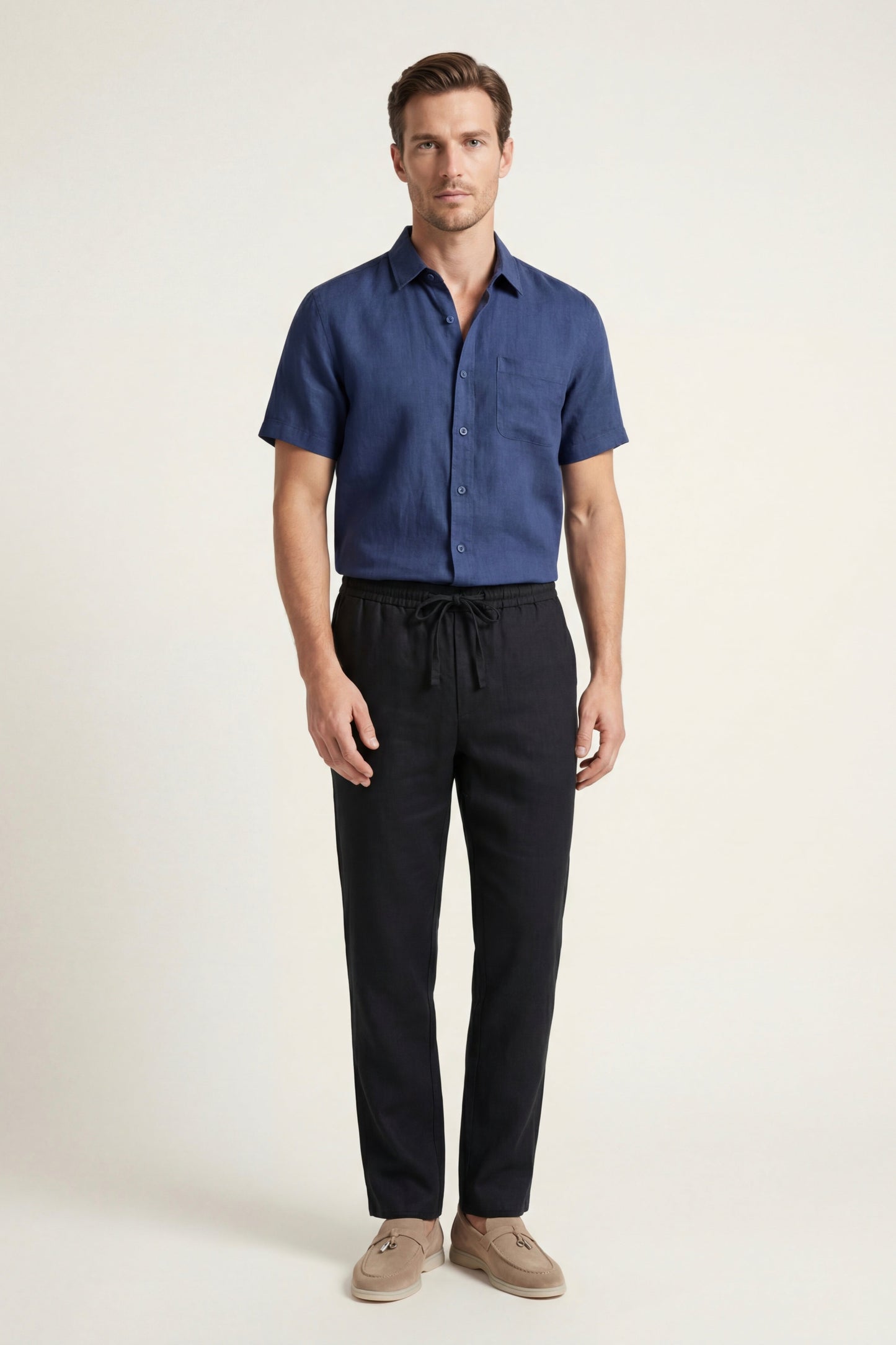 Trento de Luna Bellucci, conjunto de lino para hombre en azul/negro