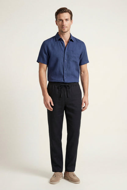 Trento de Luna Bellucci, conjunto de lino para hombre en azul/negro