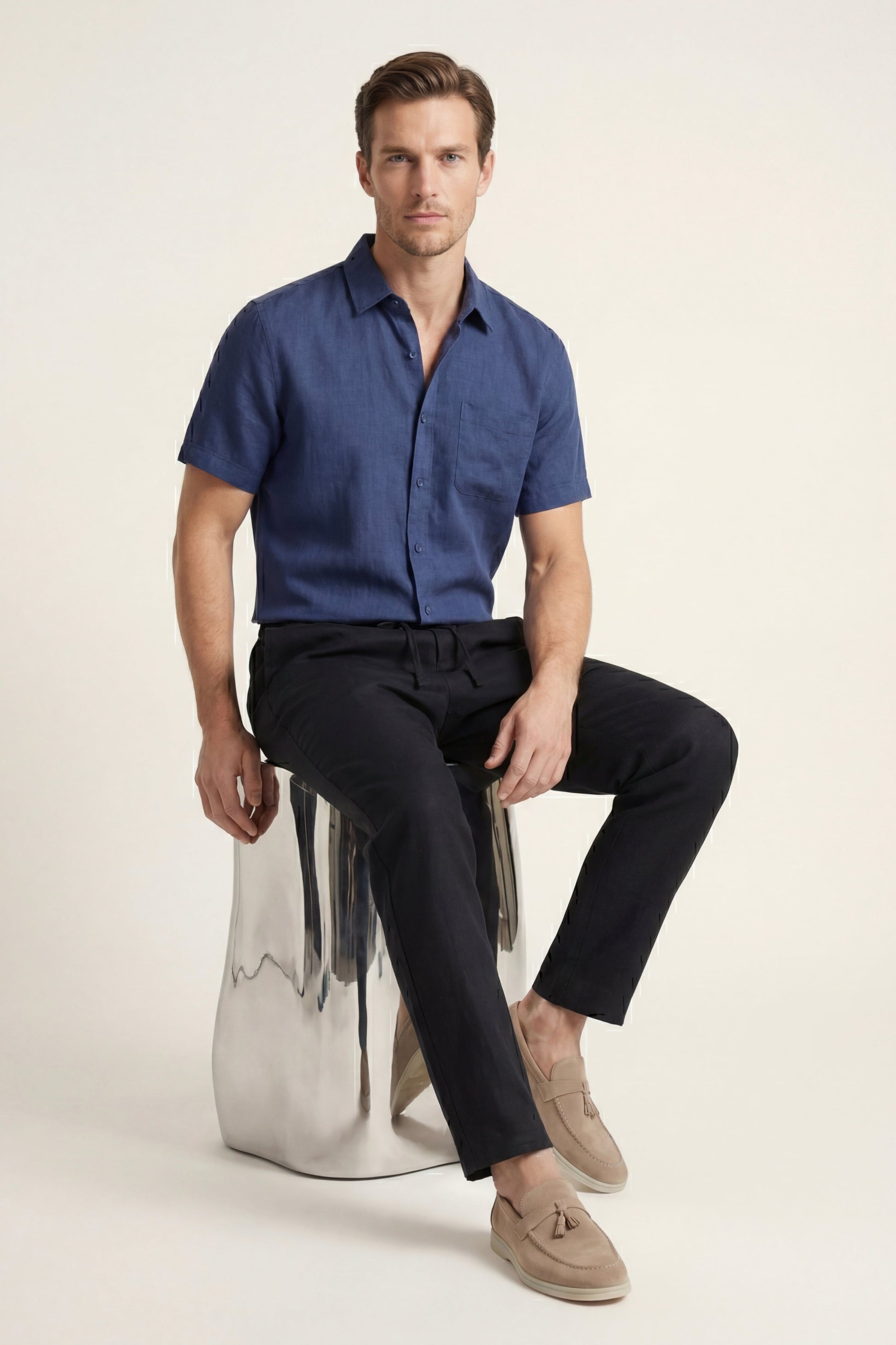 Trento de Luna Bellucci, conjunto de lino para hombre en azul/negro