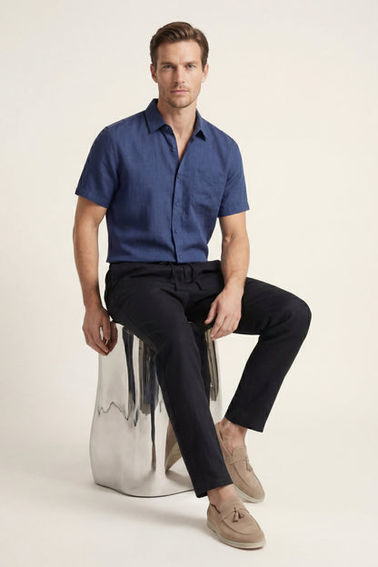 Trento de Luna Bellucci, conjunto de lino para hombre en azul/negro