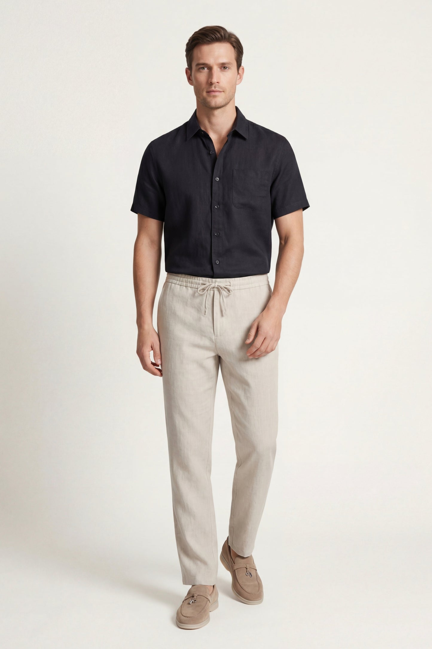 Trento de Luna Bellucci, conjunto de lino para hombre en negro/beige
