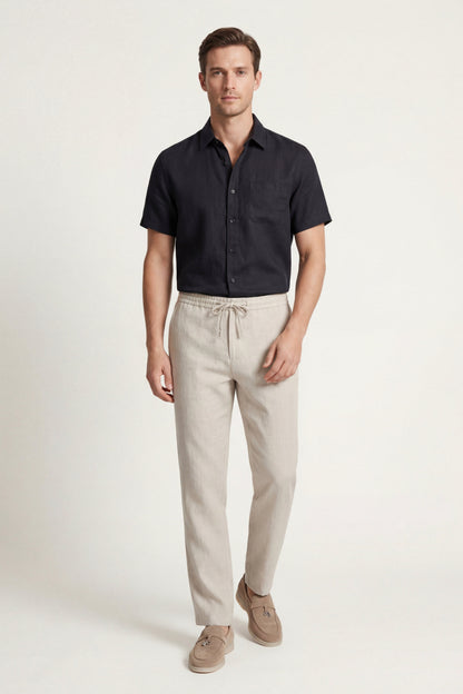Trento de Luna Bellucci, conjunto de lino para hombre en negro/beige