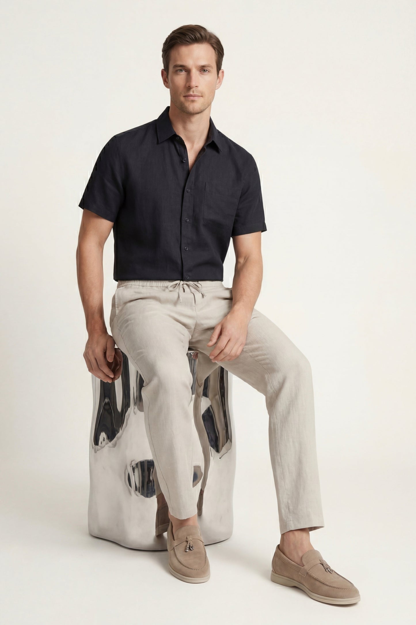 Trento de Luna Bellucci, conjunto de lino para hombre en negro/beige