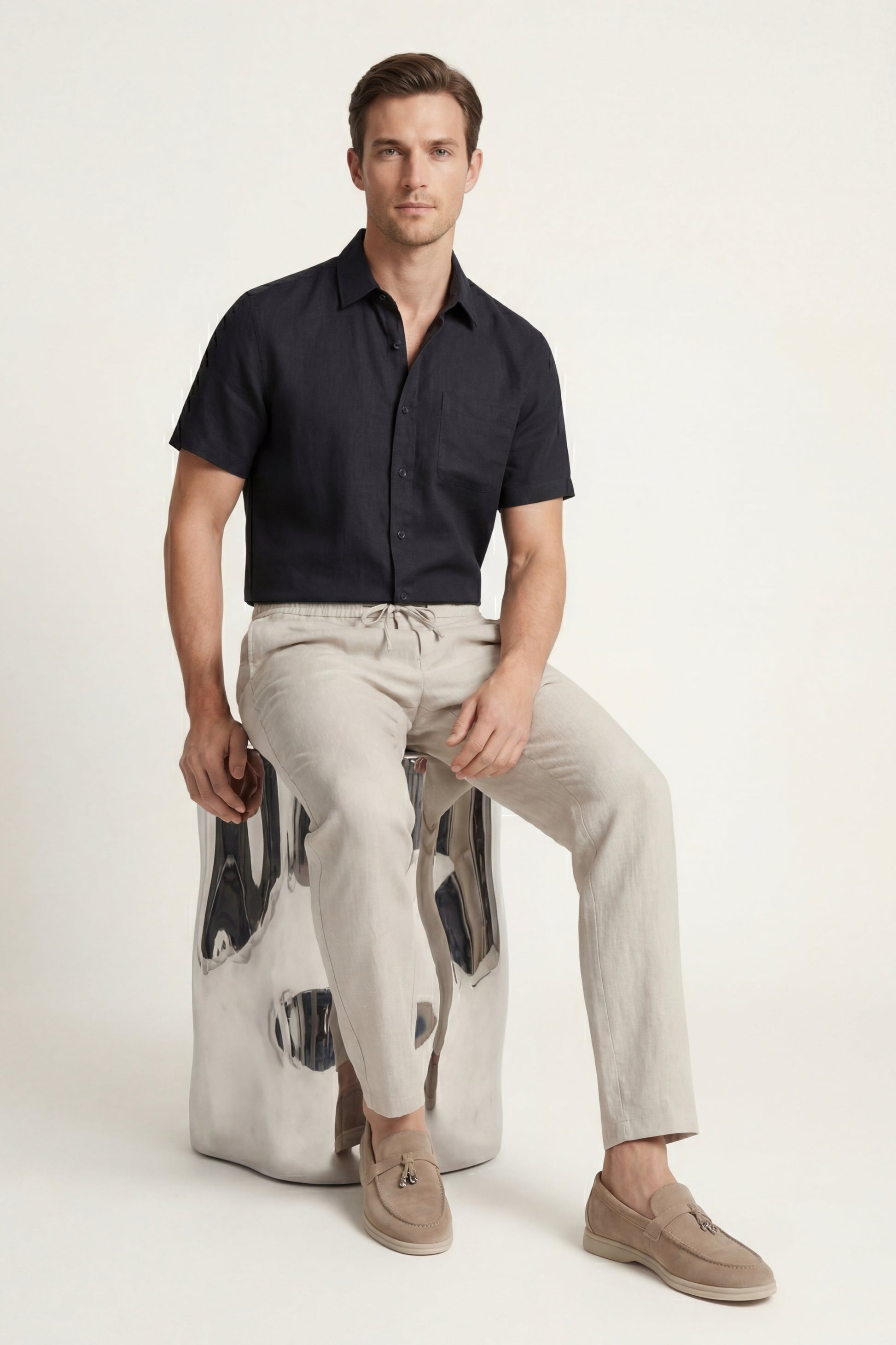 Trento de Luna Bellucci, conjunto de lino para hombre en negro/beige