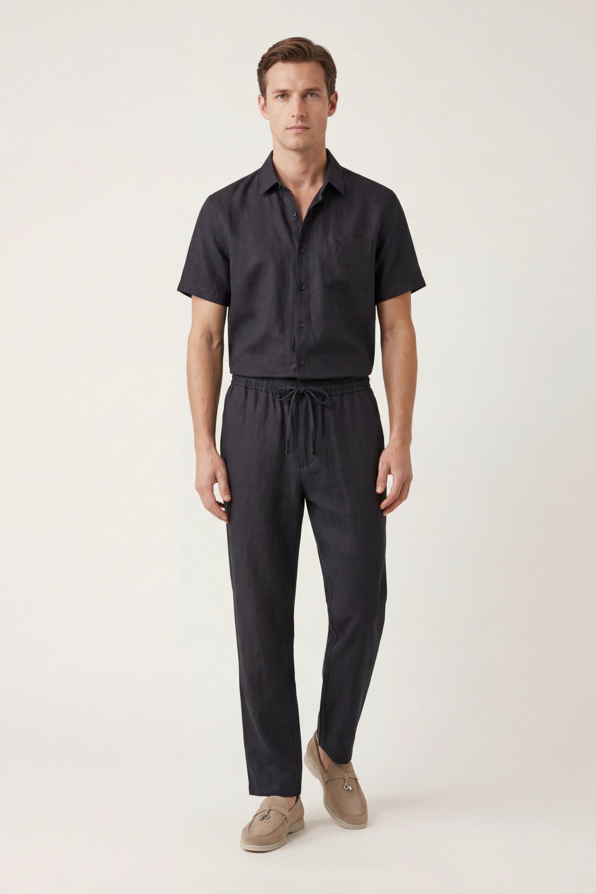 Trento de Luna Bellucci, conjunto de lino para hombre en negro/negro