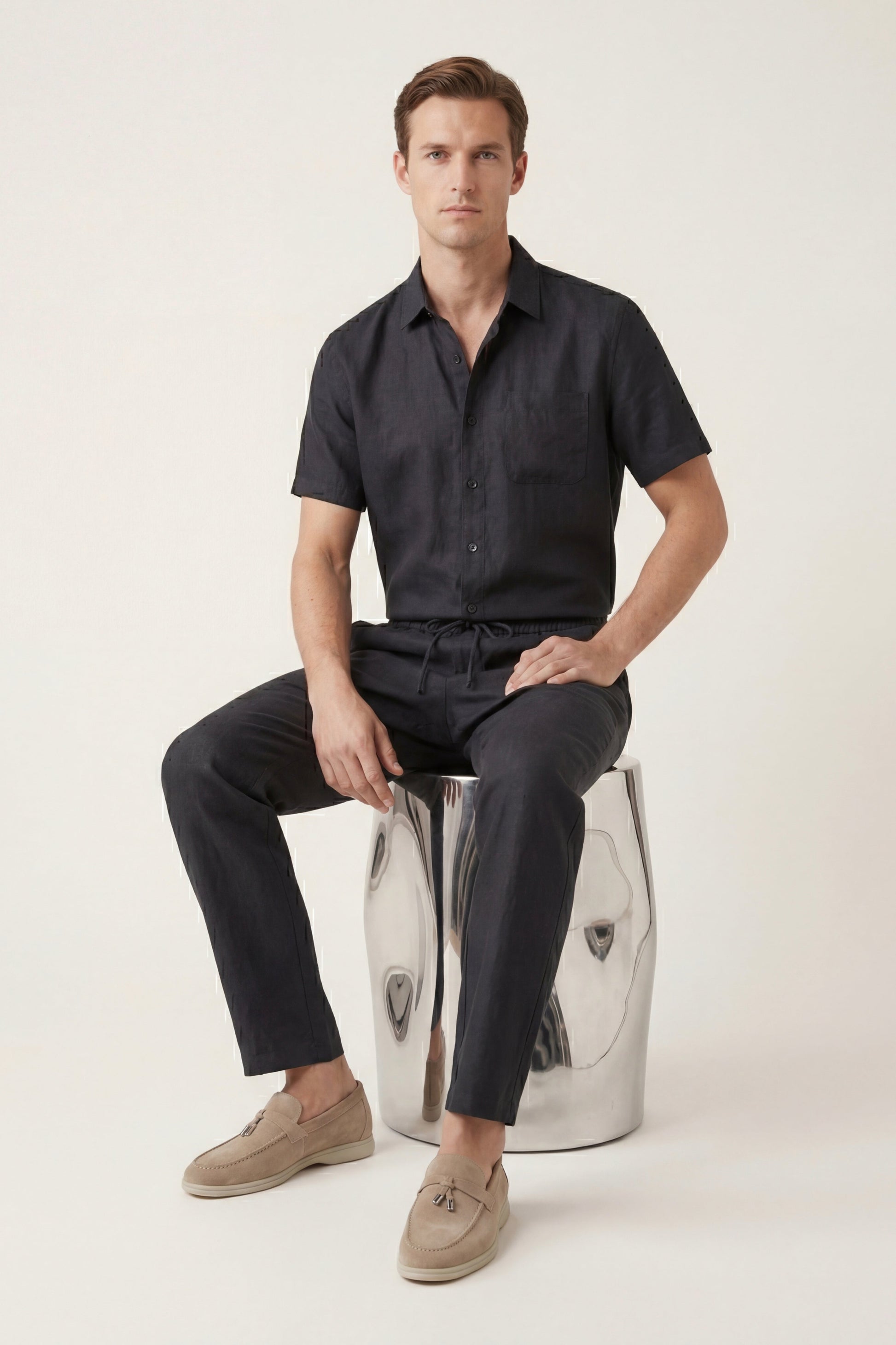 Trento de Luna Bellucci, conjunto de lino para hombre en negro/negro
