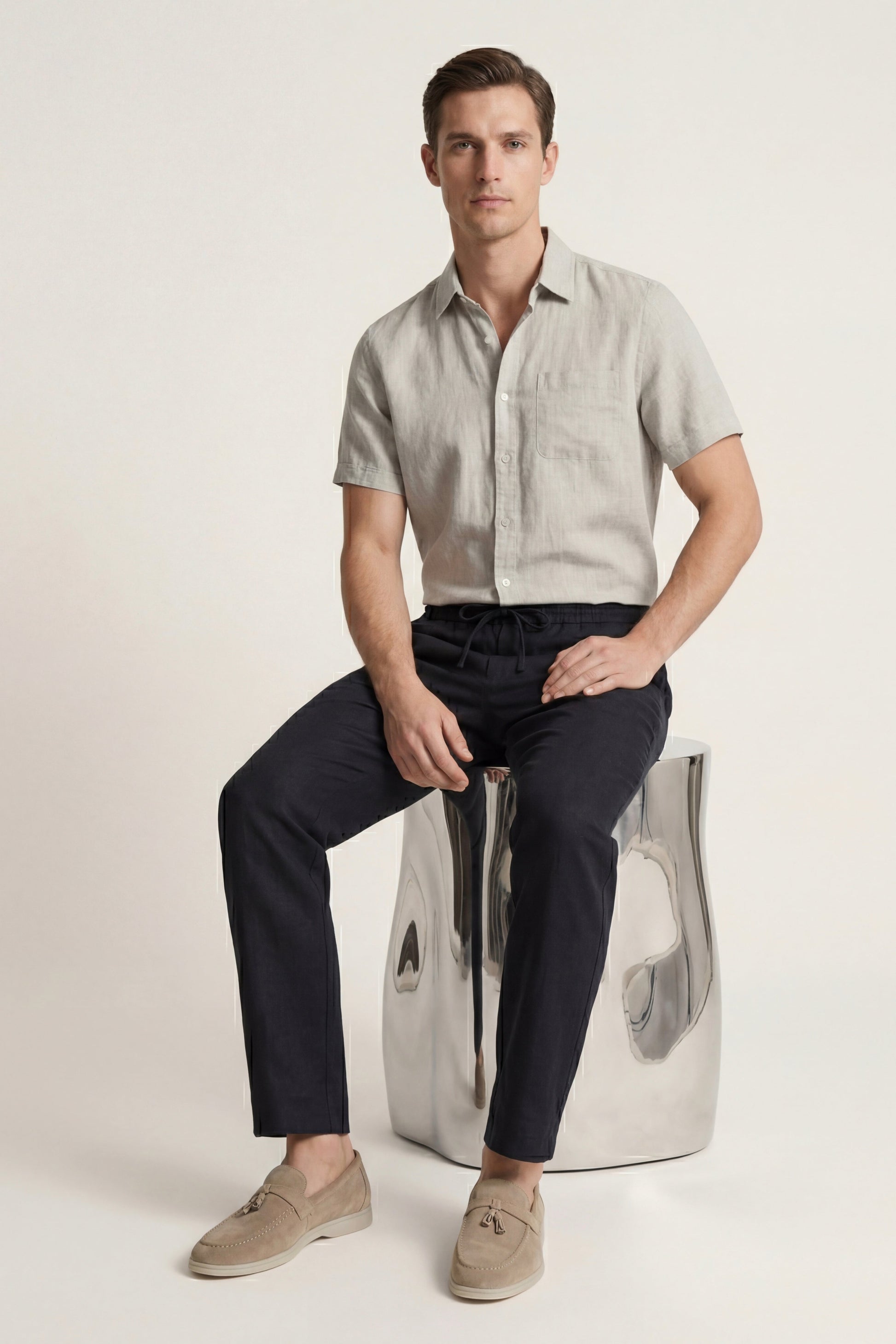 Trento de Luna Bellucci, conjunto de lino para hombre en beige/negro