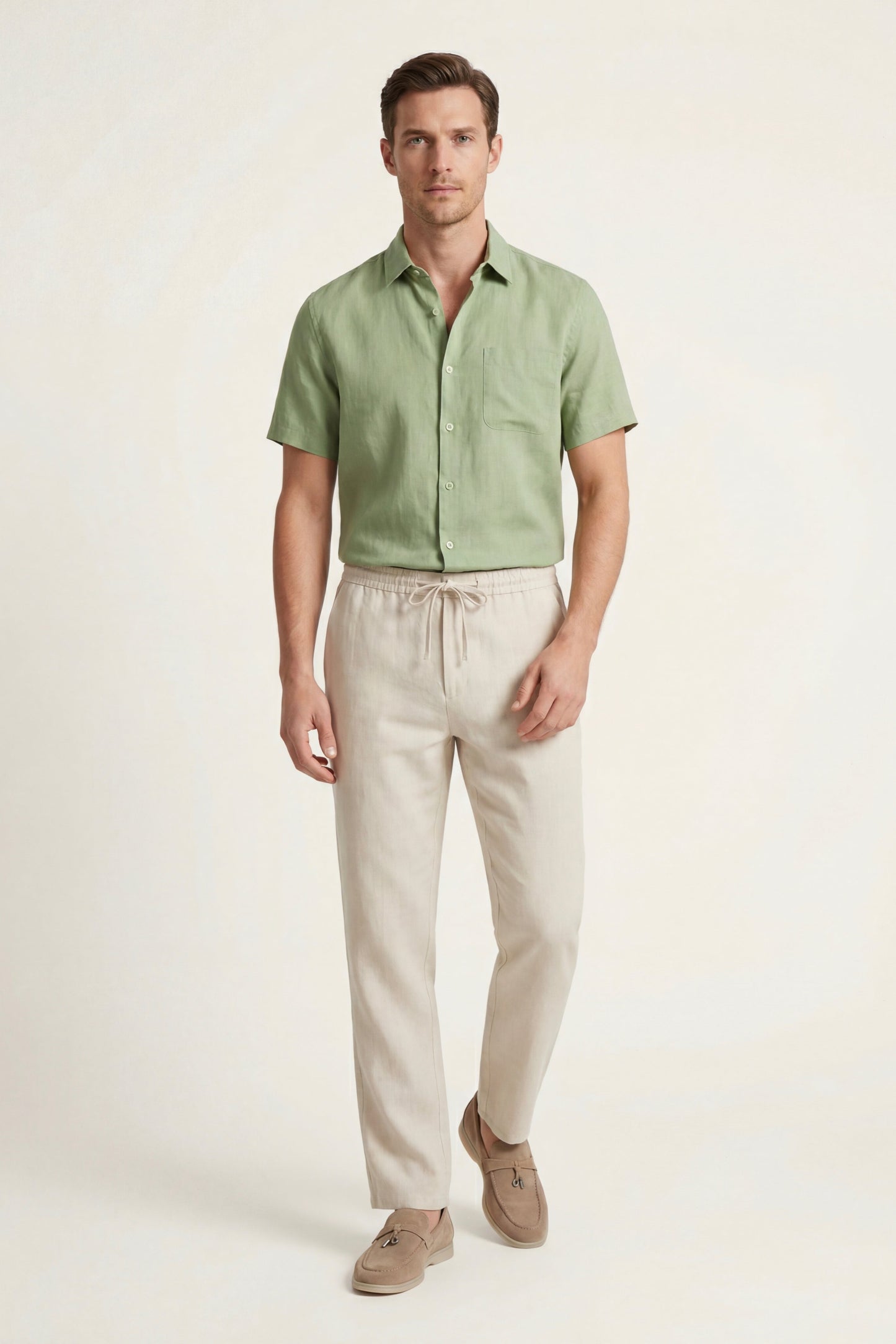 Trento de Luna Bellucci, conjunto de lino para hombre en verde menta/beige