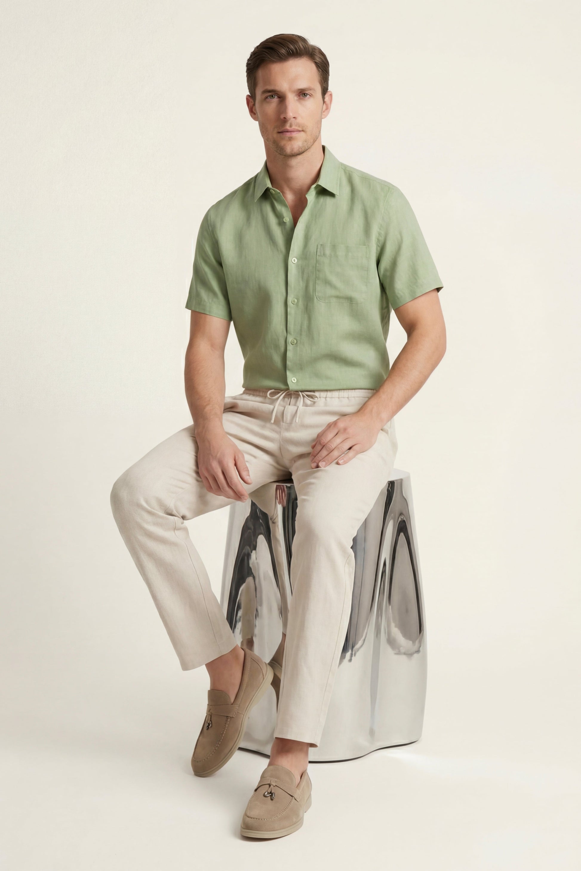 Trento de Luna Bellucci, conjunto de lino para hombre en verde menta/beige