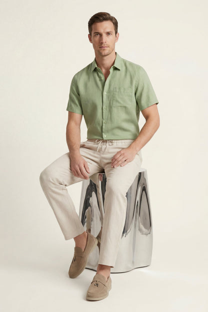 Trento de Luna Bellucci, conjunto de lino para hombre en verde menta/beige