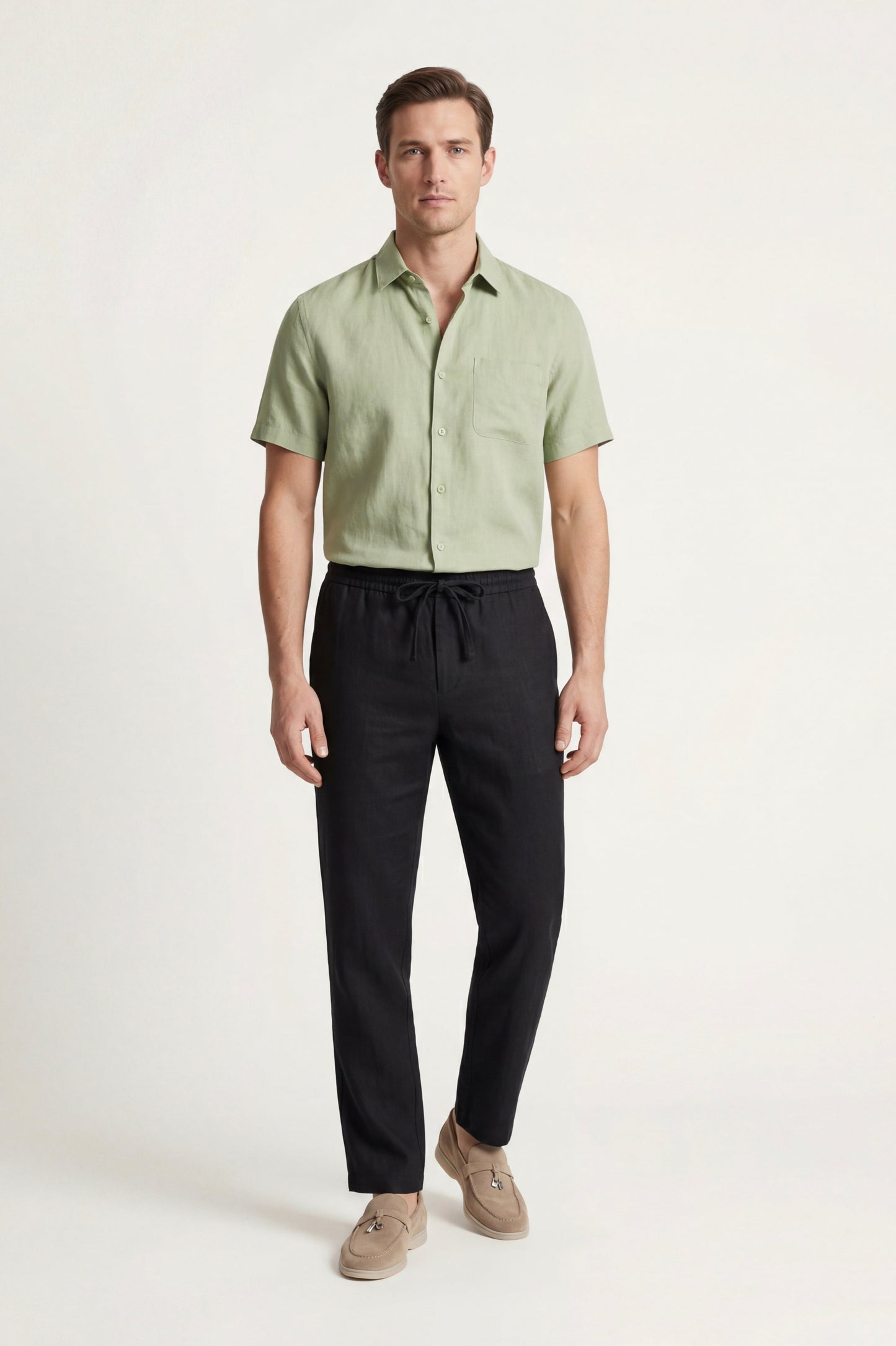 Trento de Luna Bellucci, conjunto de lino para hombre en verde menta/negro