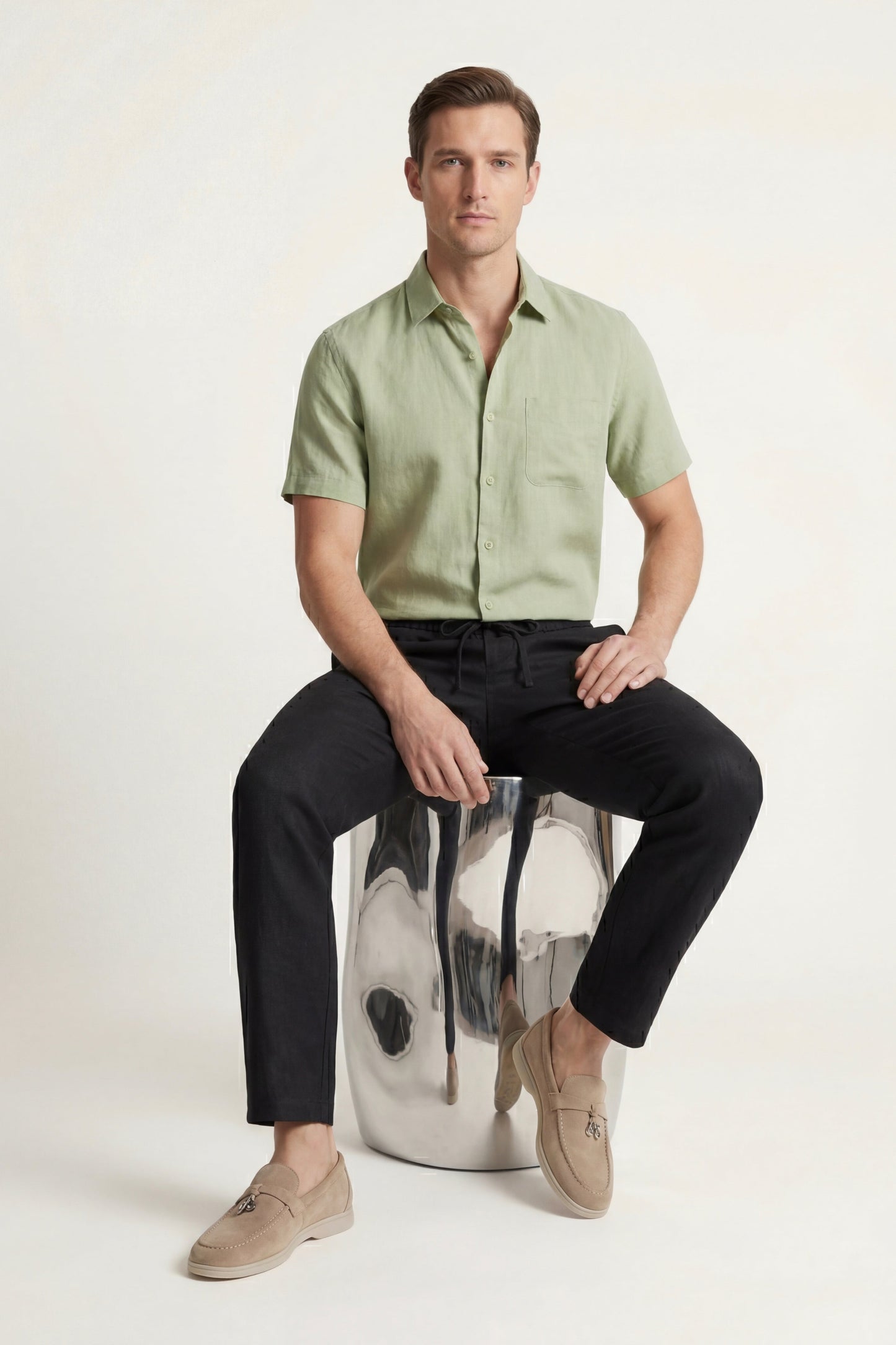 Trento de Luna Bellucci, conjunto de lino para hombre en verde menta/negro
