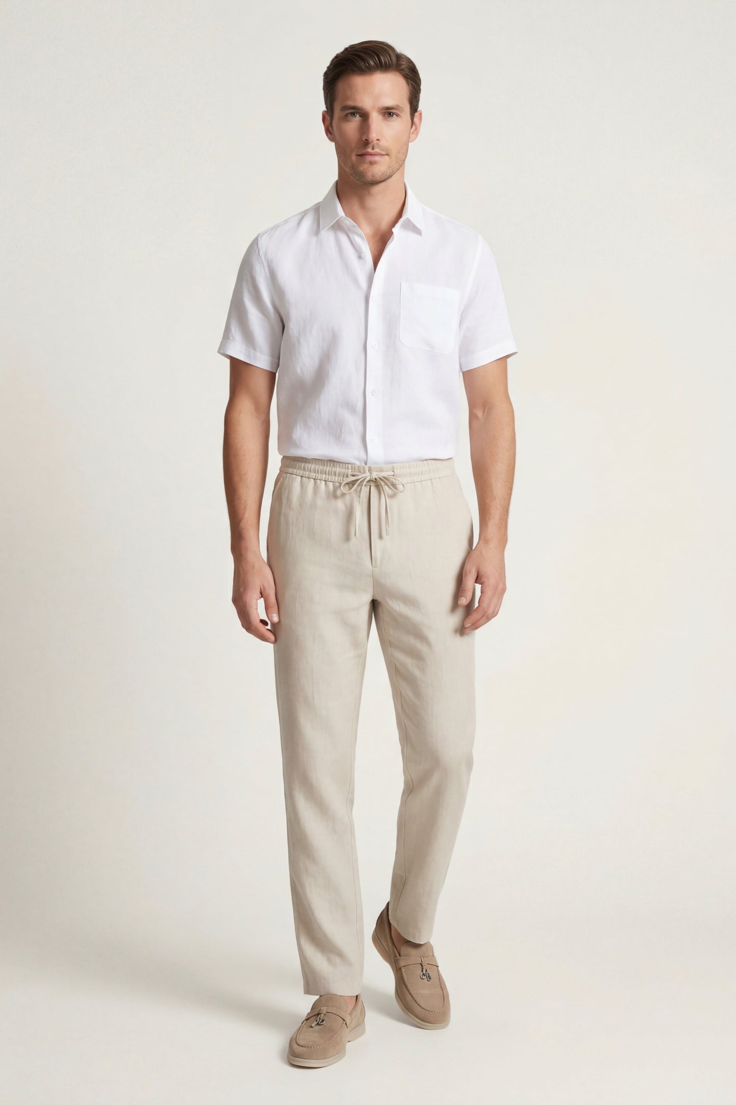 Trento de Luna Bellucci, conjunto de lino para hombre en blanco/beige