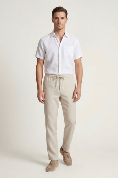 Trento de Luna Bellucci, conjunto de lino para hombre en blanco/beige