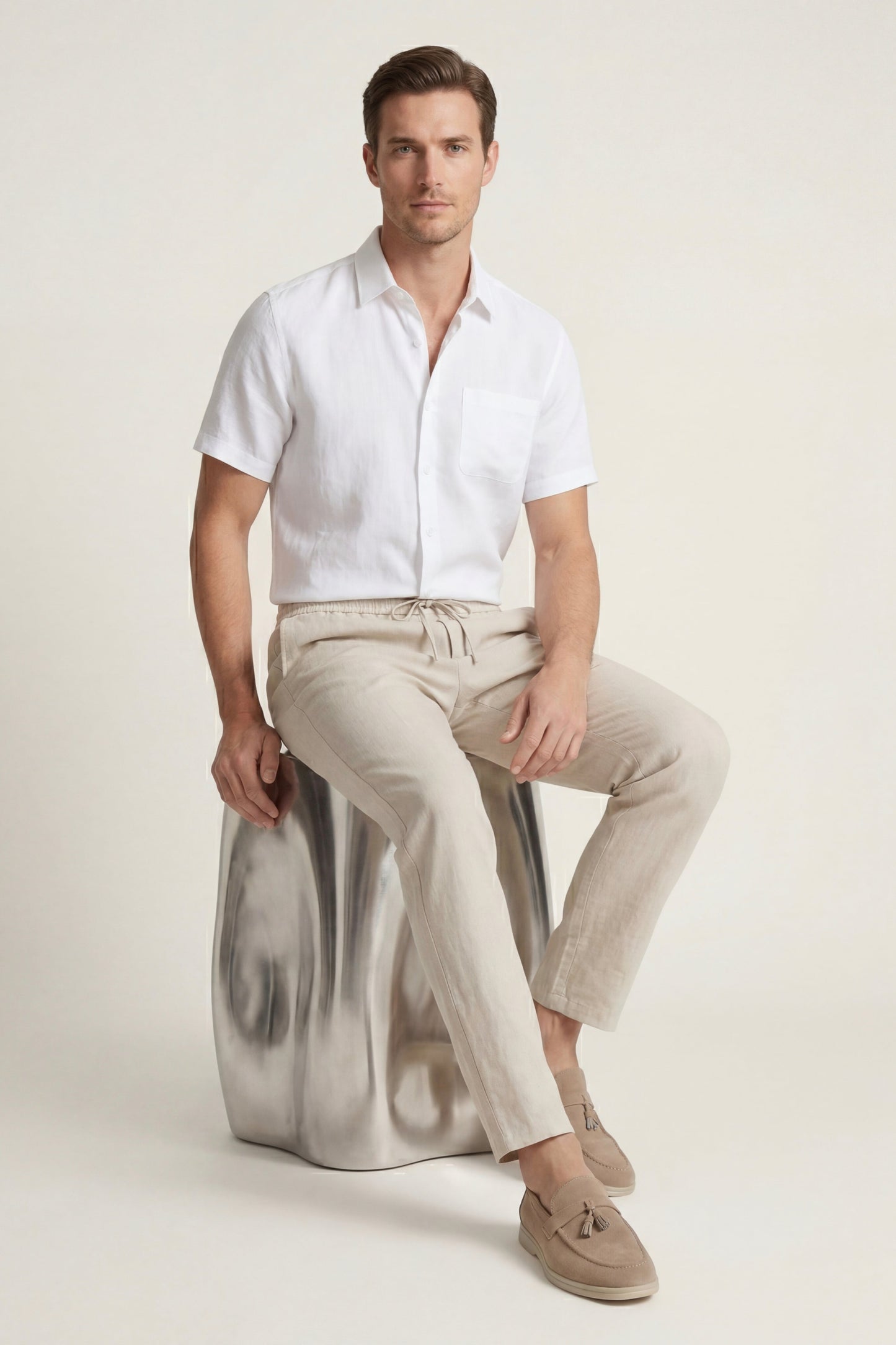 Trento de Luna Bellucci, conjunto de lino para hombre en blanco/beige