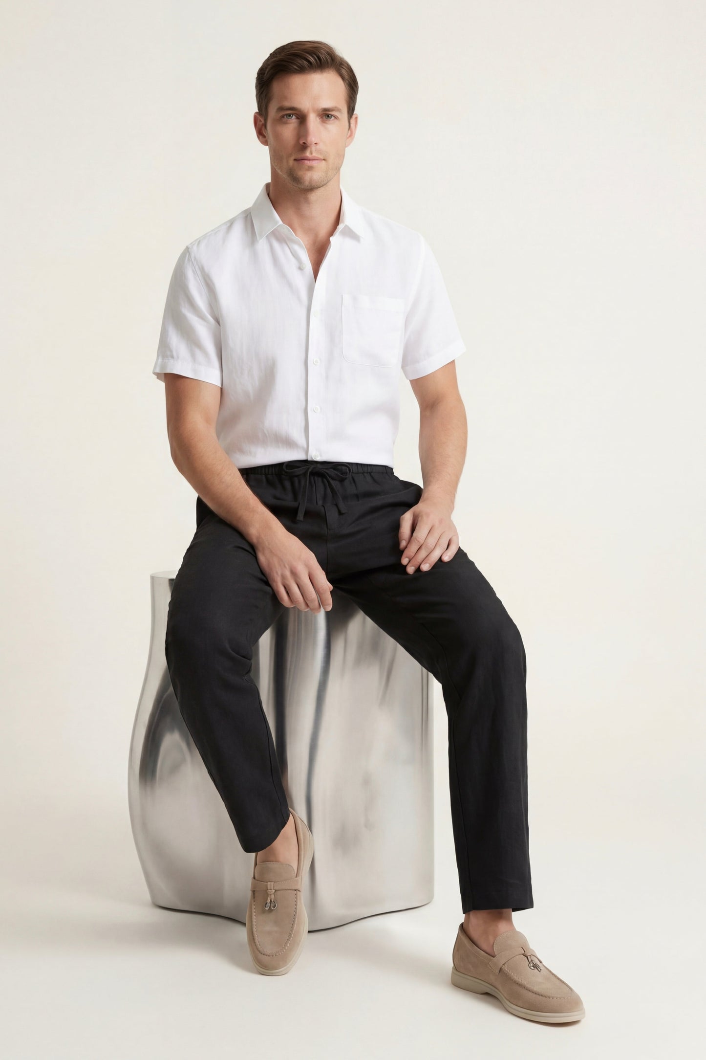 Trento de Luna Bellucci, conjunto de lino para hombre en blanco/negro
