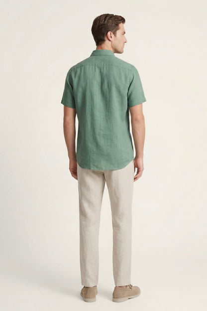 Trento de Luna Bellucci, conjunto de lino para hombre en verde/beige