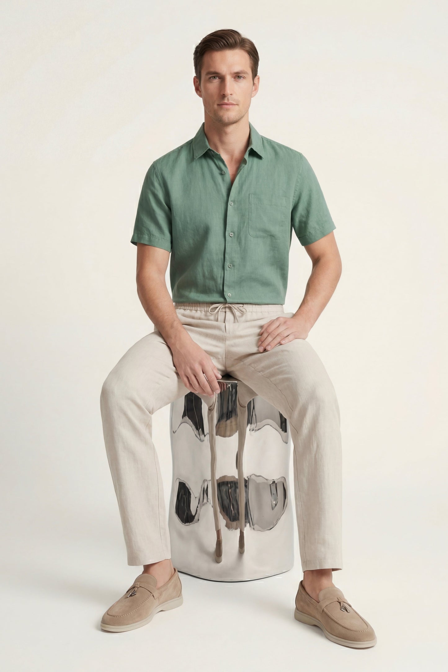 Trento de Luna Bellucci, conjunto de lino para hombre en verde/beige