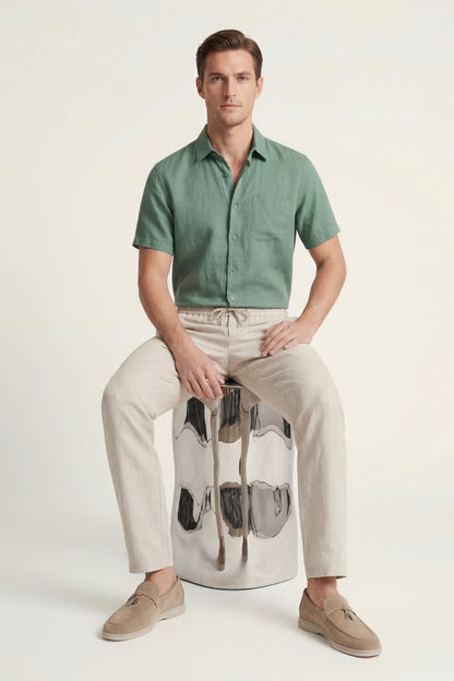 Trento de Luna Bellucci, conjunto de lino para hombre en verde/beige