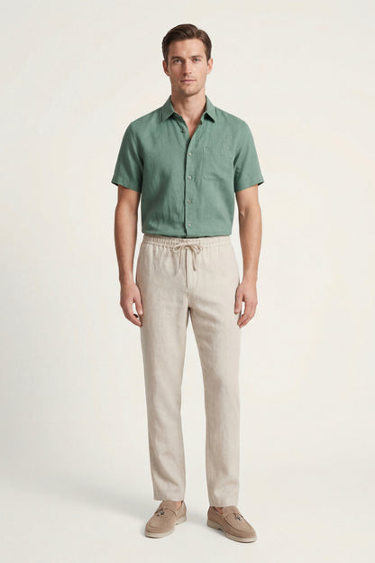 Trento de Luna Bellucci, conjunto de lino para hombre en verde/beige