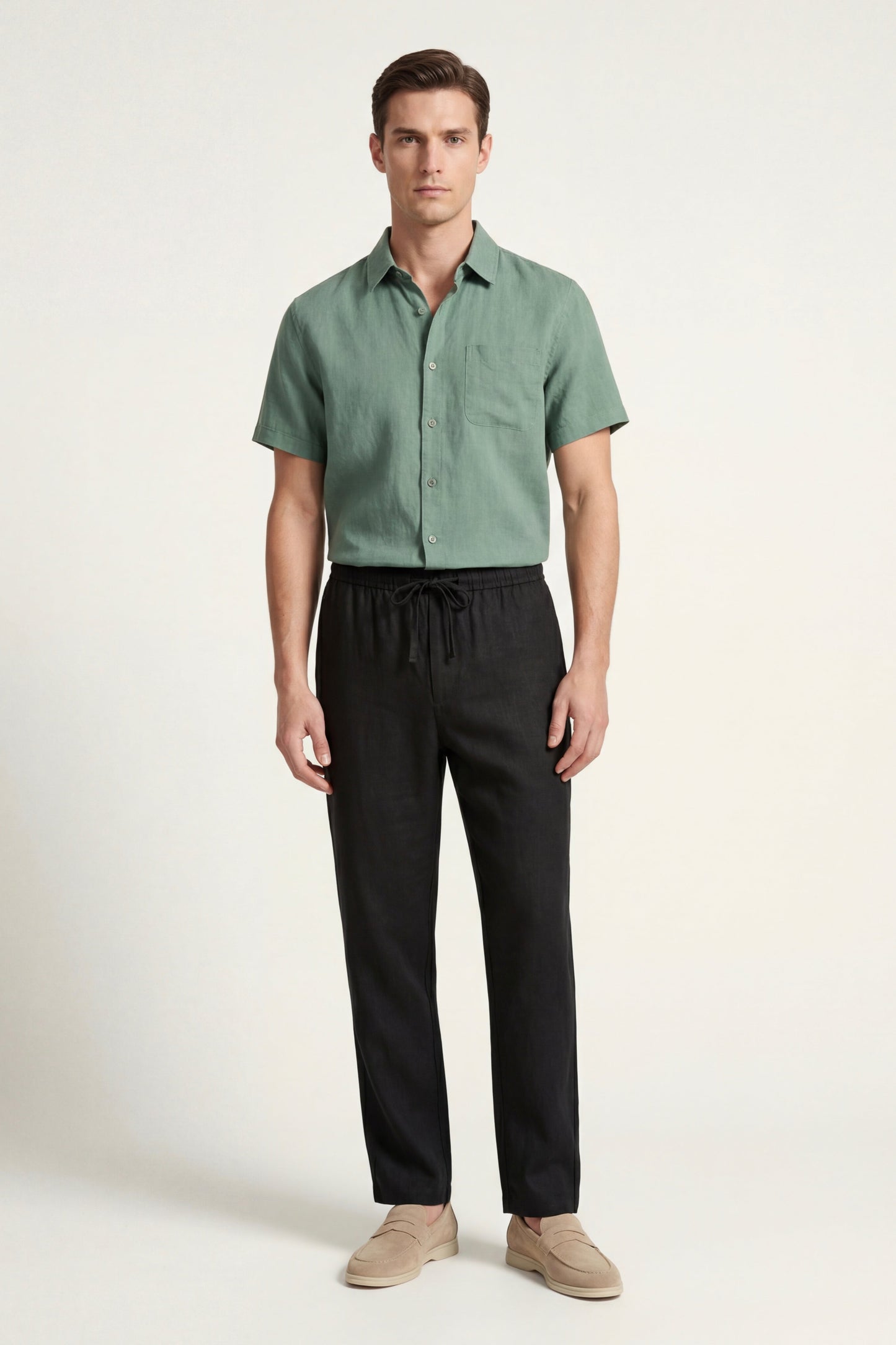 Trento de Luna Bellucci, conjunto de lino para hombre en verde/negro