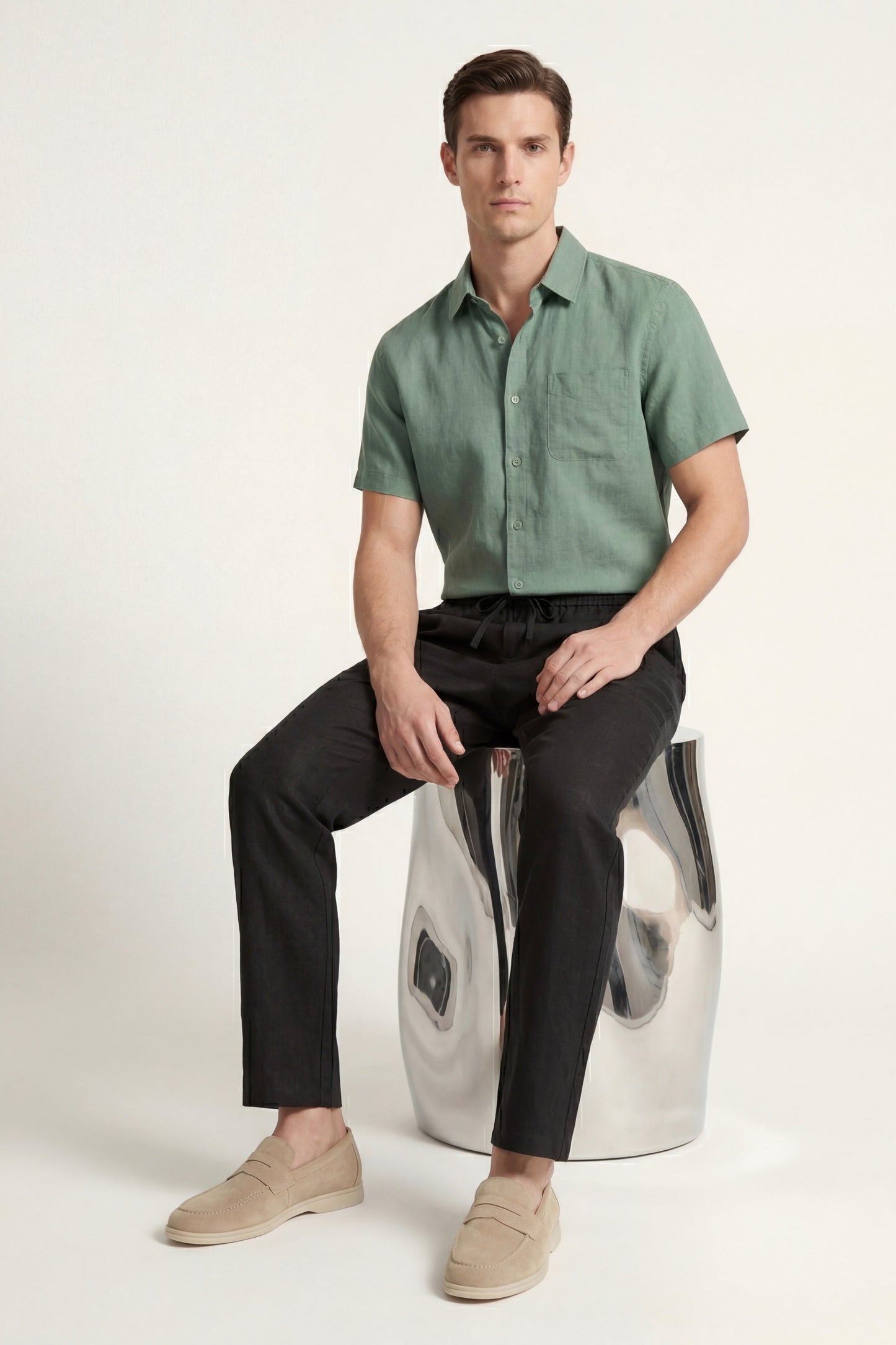 Trento de Luna Bellucci, conjunto de lino para hombre en verde/negro