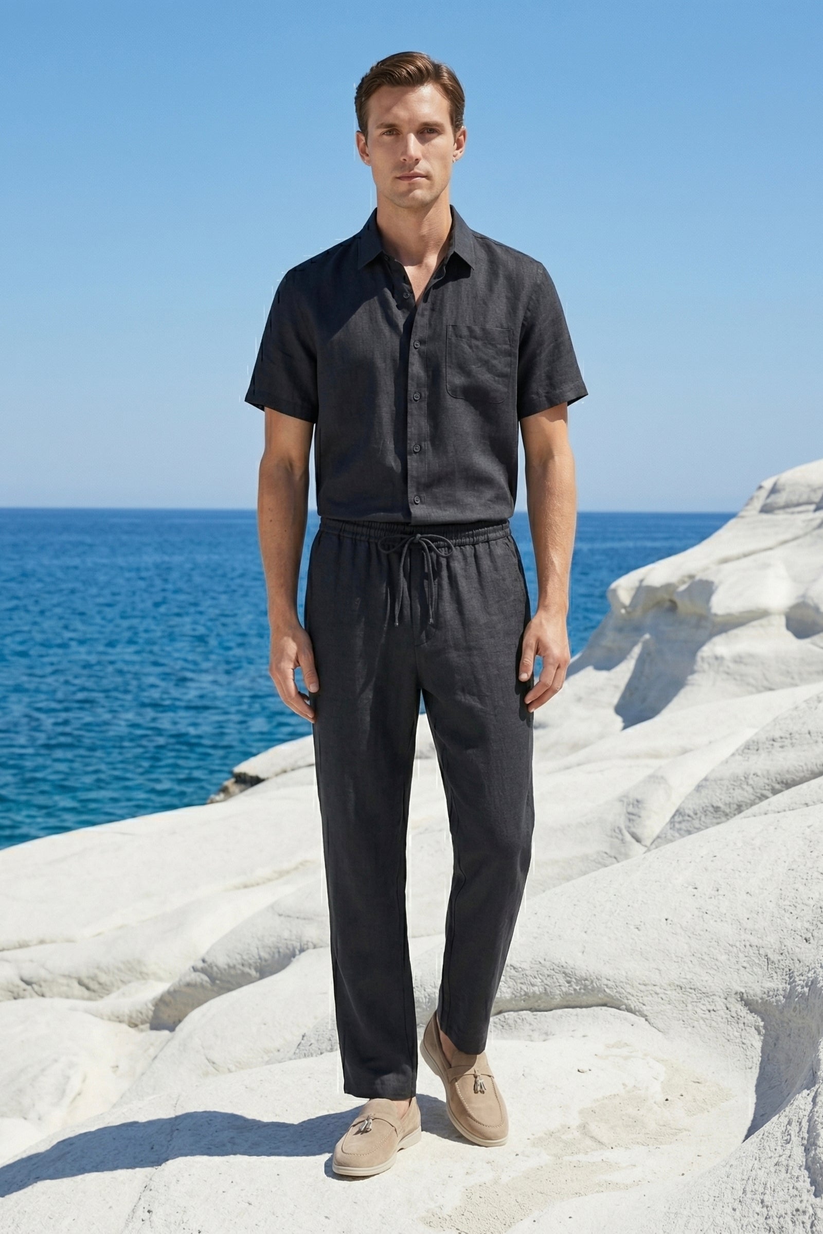 Trento de Luna Bellucci, conjunto de lino para hombre en negro/negro