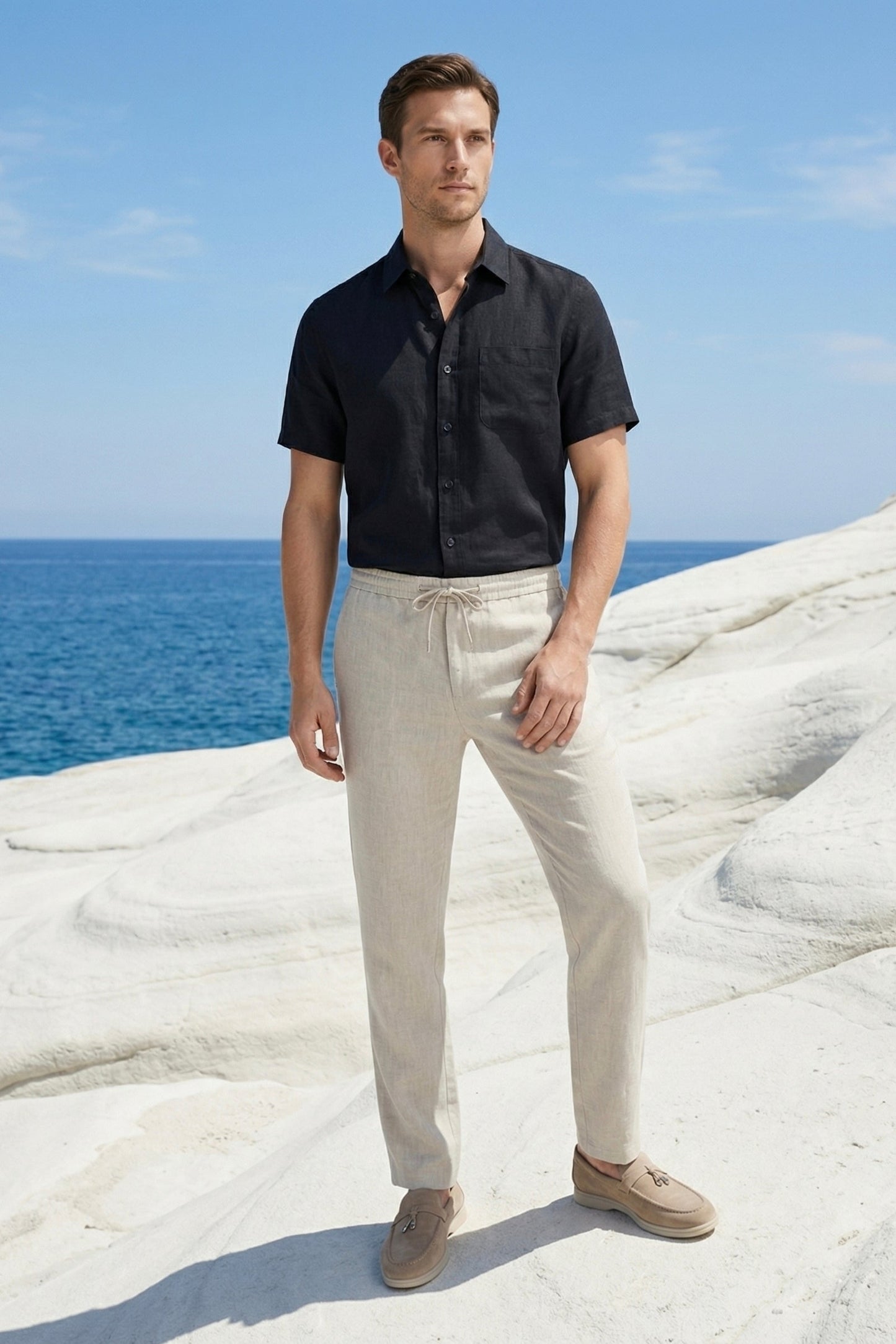 Trento de Luna Bellucci, conjunto de lino para hombre en negro/beige