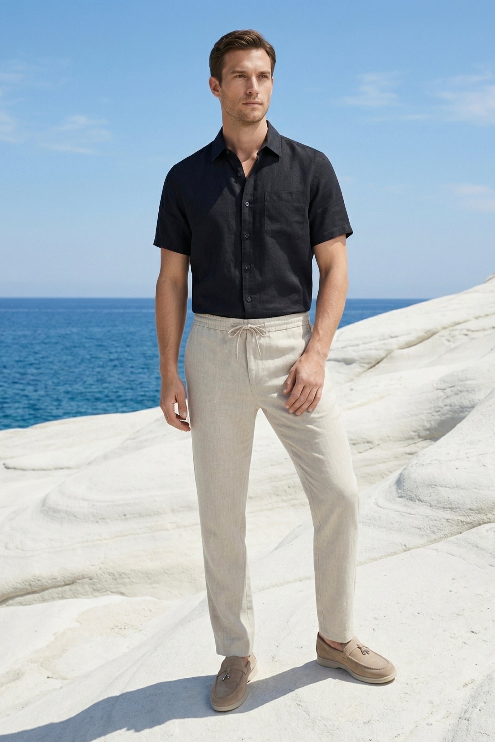 Trento de Luna Bellucci, conjunto de lino para hombre en negro/beige