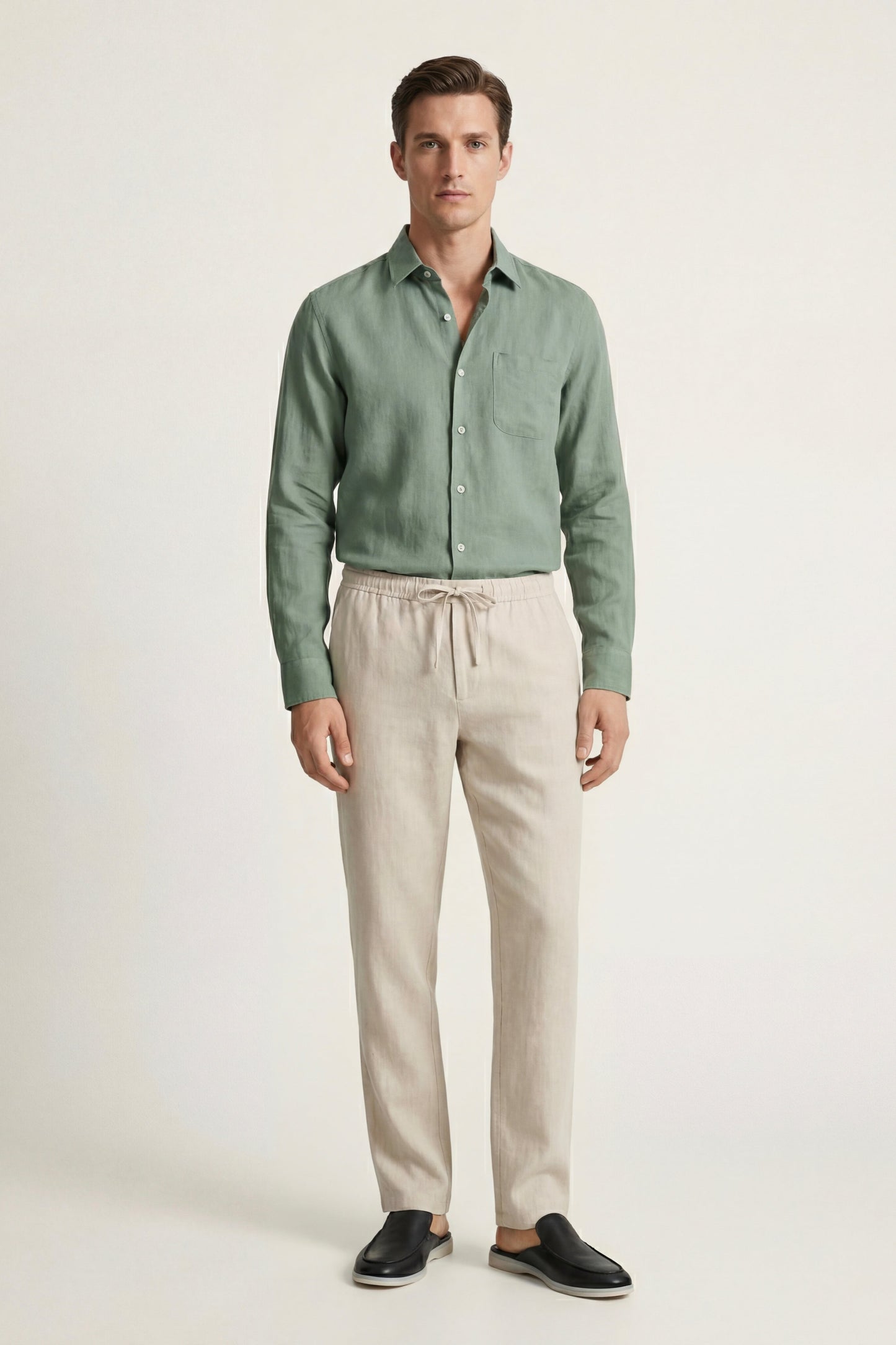 Pisa de Luna Bellucci, conjunto de lino de manga larga para hombre en verde/beige