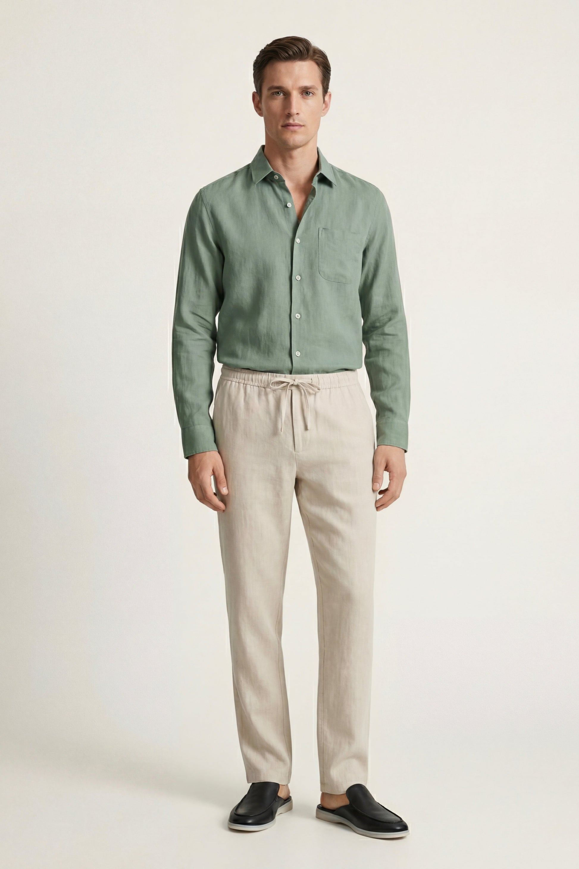Pisa de Luna Bellucci, conjunto de lino de manga larga para hombre en verde/beige