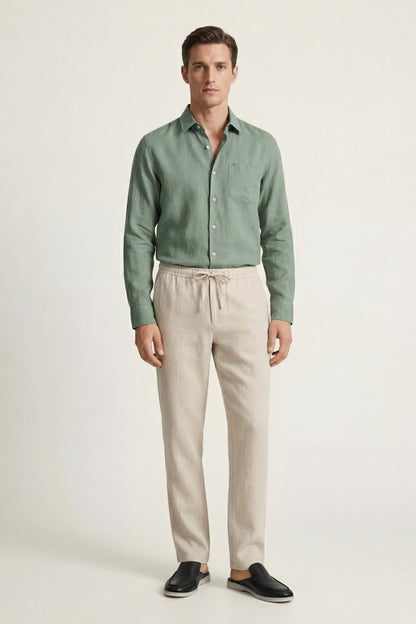 Pisa de Luna Bellucci, conjunto de lino de manga larga para hombre en verde/beige