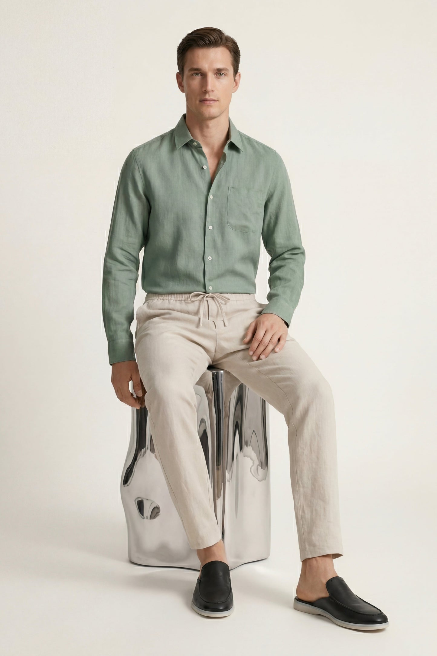 Pisa de Luna Bellucci, conjunto de lino de manga larga para hombre en verde/beige