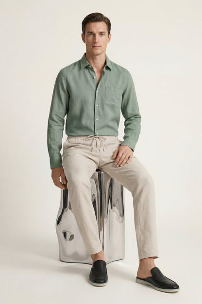 Pisa de Luna Bellucci, conjunto de lino de manga larga para hombre en verde/beige