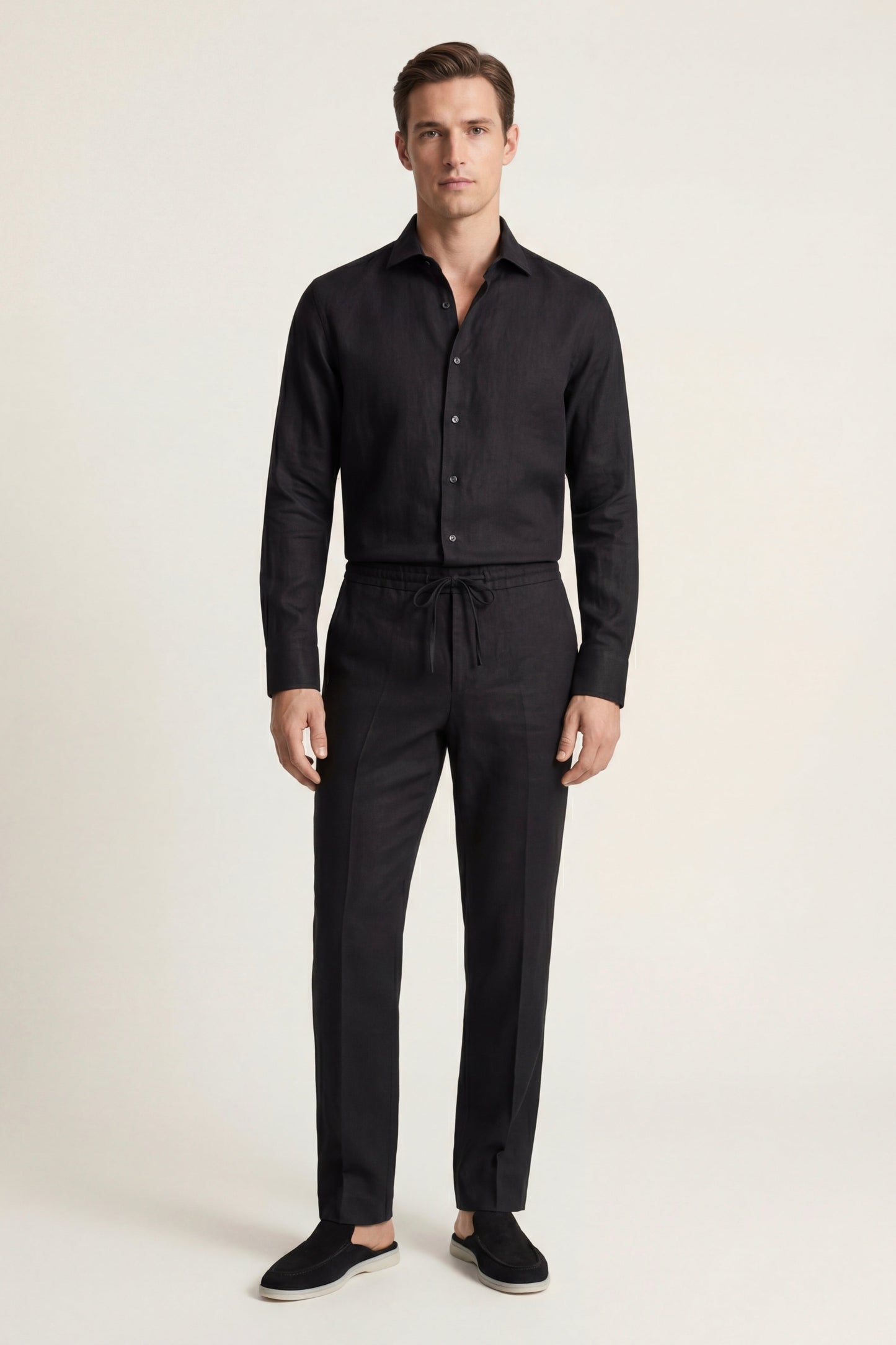 Pisa de Luna Bellucci, conjunto de lino de manga larga para hombre en negro/negro