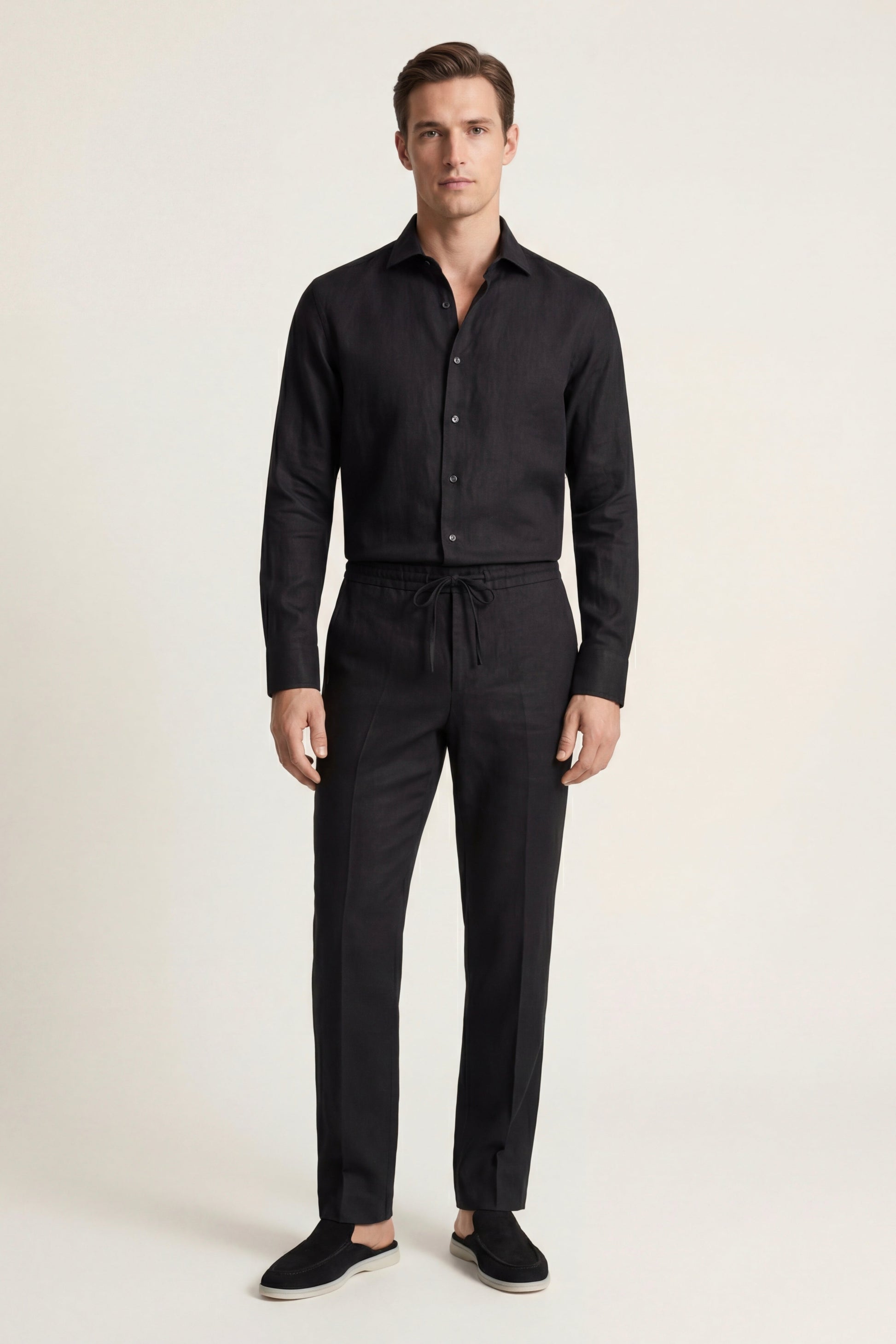 Pisa de Luna Bellucci, conjunto de lino de manga larga para hombre en negro/negro