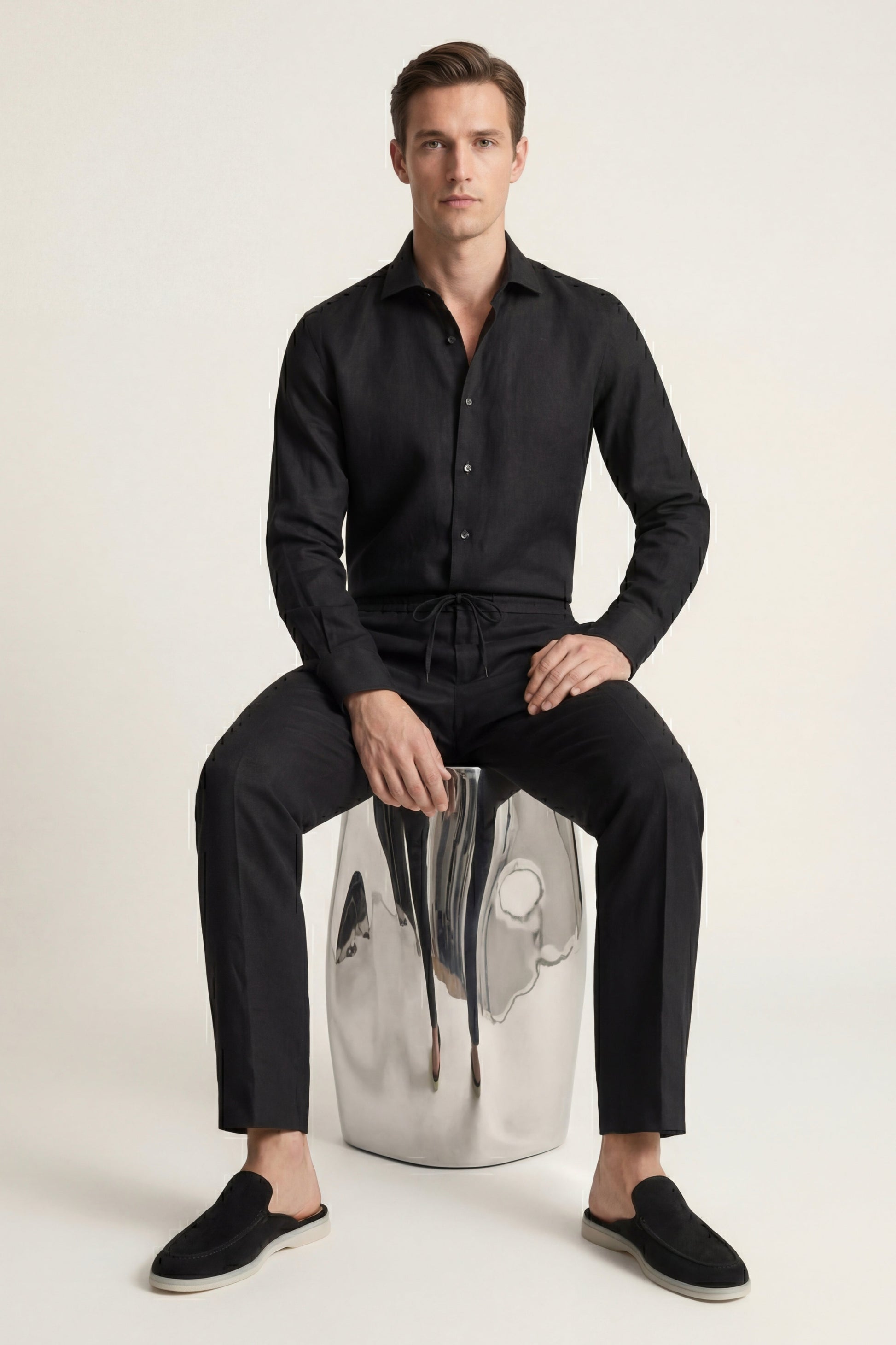 Pisa de Luna Bellucci, conjunto de lino de manga larga para hombre en negro/negro