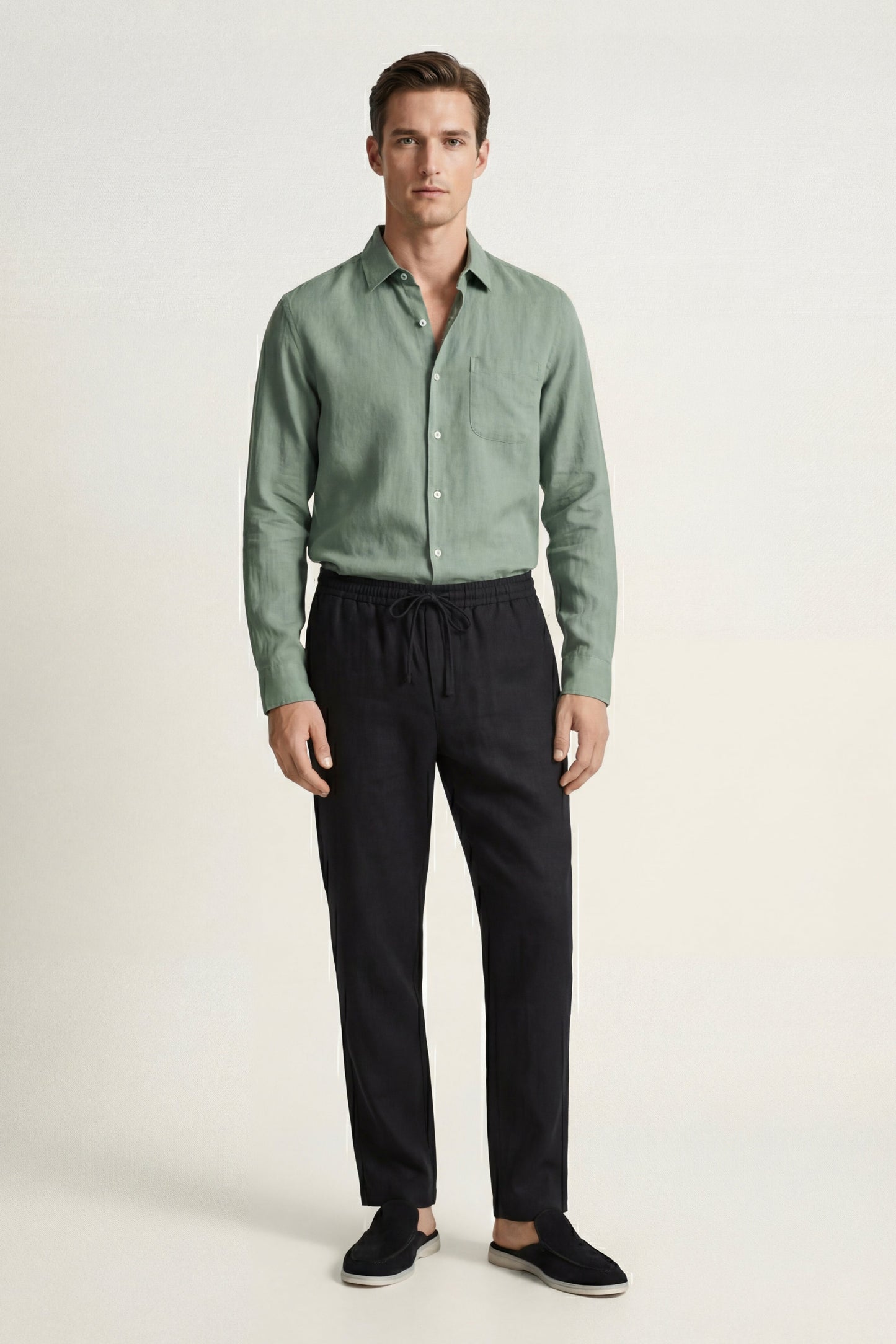 Pisa de Luna Bellucci, conjunto de lino de manga larga para hombre en verde/negro