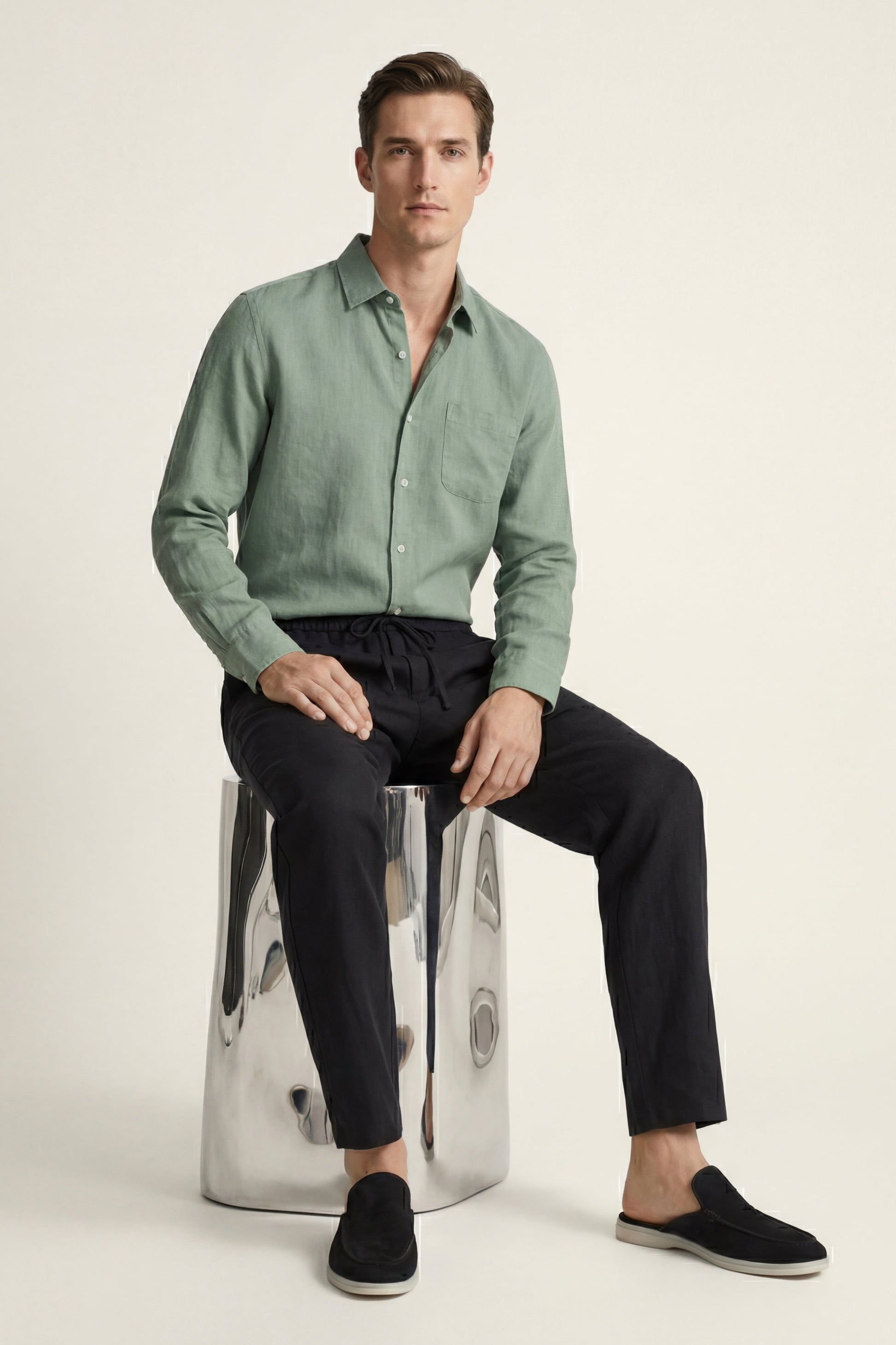Pisa de Luna Bellucci, conjunto de lino de manga larga para hombre en verde/negro