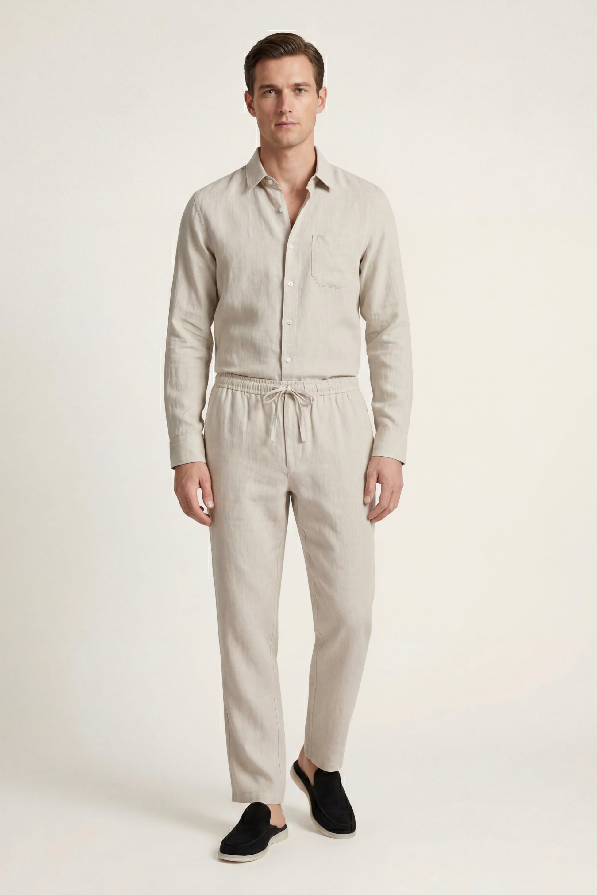 Pisa de Luna Bellucci, conjunto de lino de manga larga para hombre en beige/beige