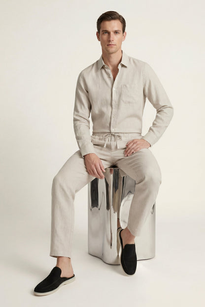 Pisa de Luna Bellucci, conjunto de lino de manga larga para hombre en beige/beige