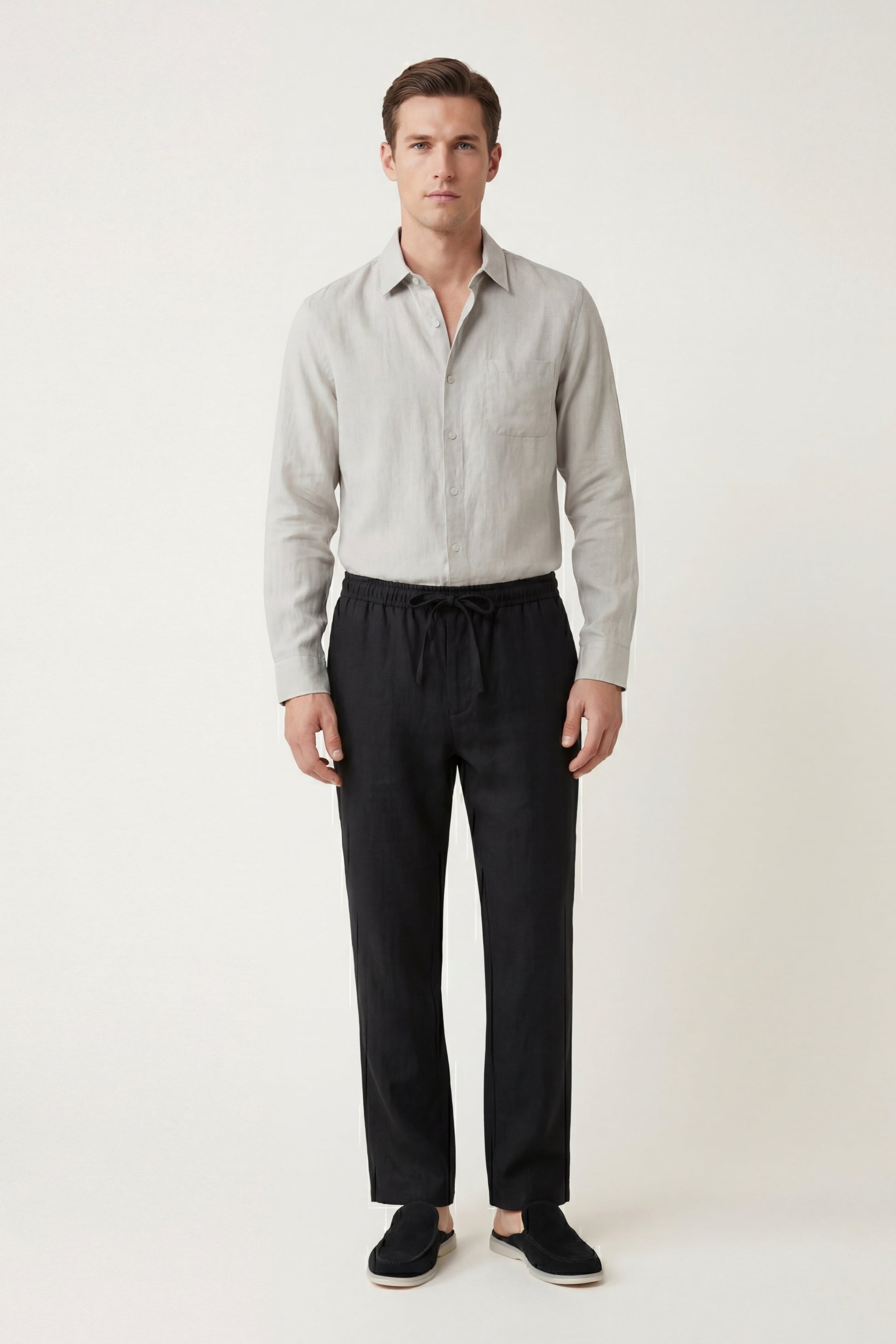Pisa de Luna Bellucci, conjunto de lino de manga larga para hombre en beige/negro