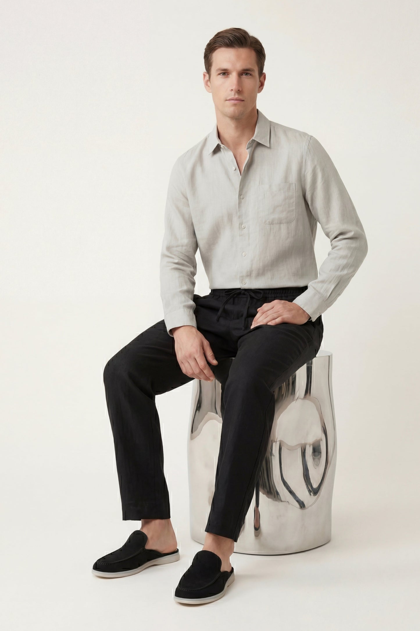 Pisa de Luna Bellucci, conjunto de lino de manga larga para hombre en beige/negro