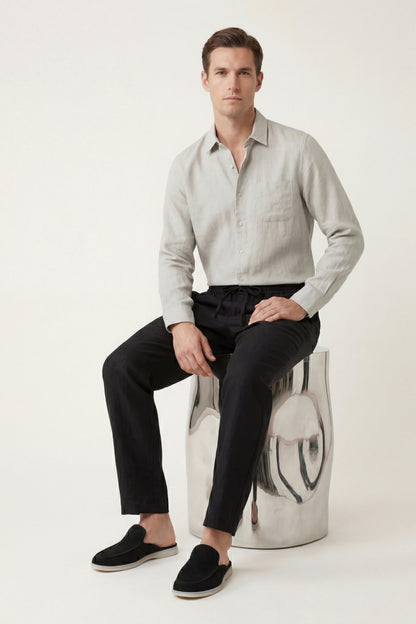 Pisa de Luna Bellucci, conjunto de lino de manga larga para hombre en beige/negro