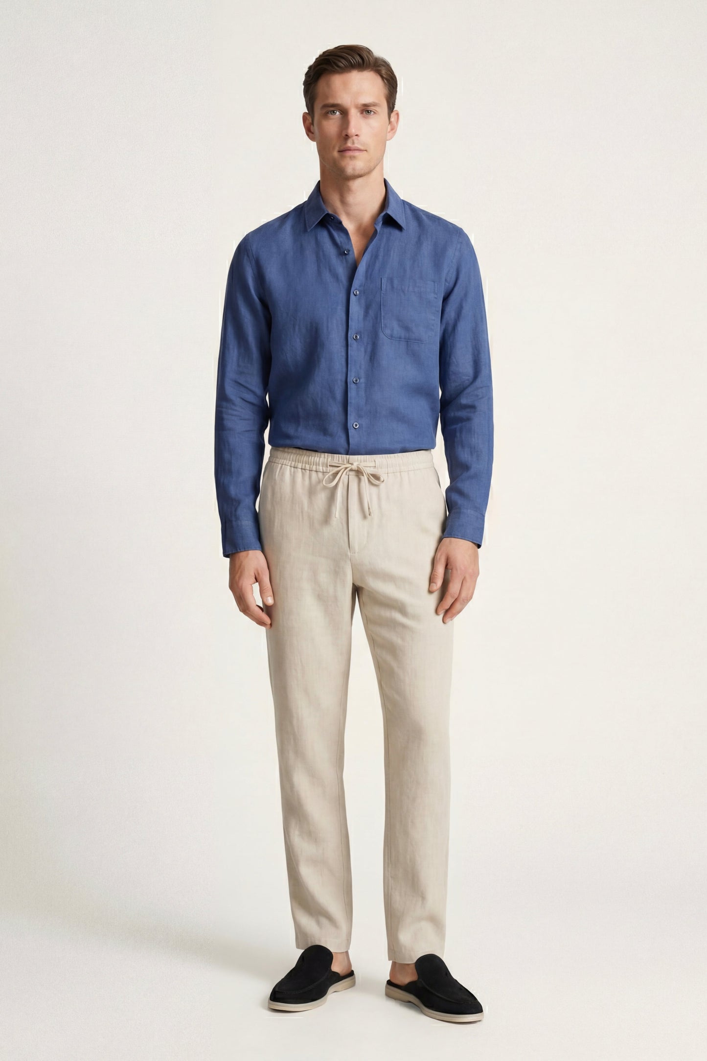 Pisa de Luna Bellucci, conjunto de lino de manga larga para hombre en azul/beige
