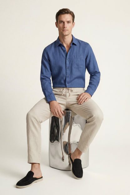 Pisa de Luna Bellucci, conjunto de lino de manga larga para hombre en azul/beige