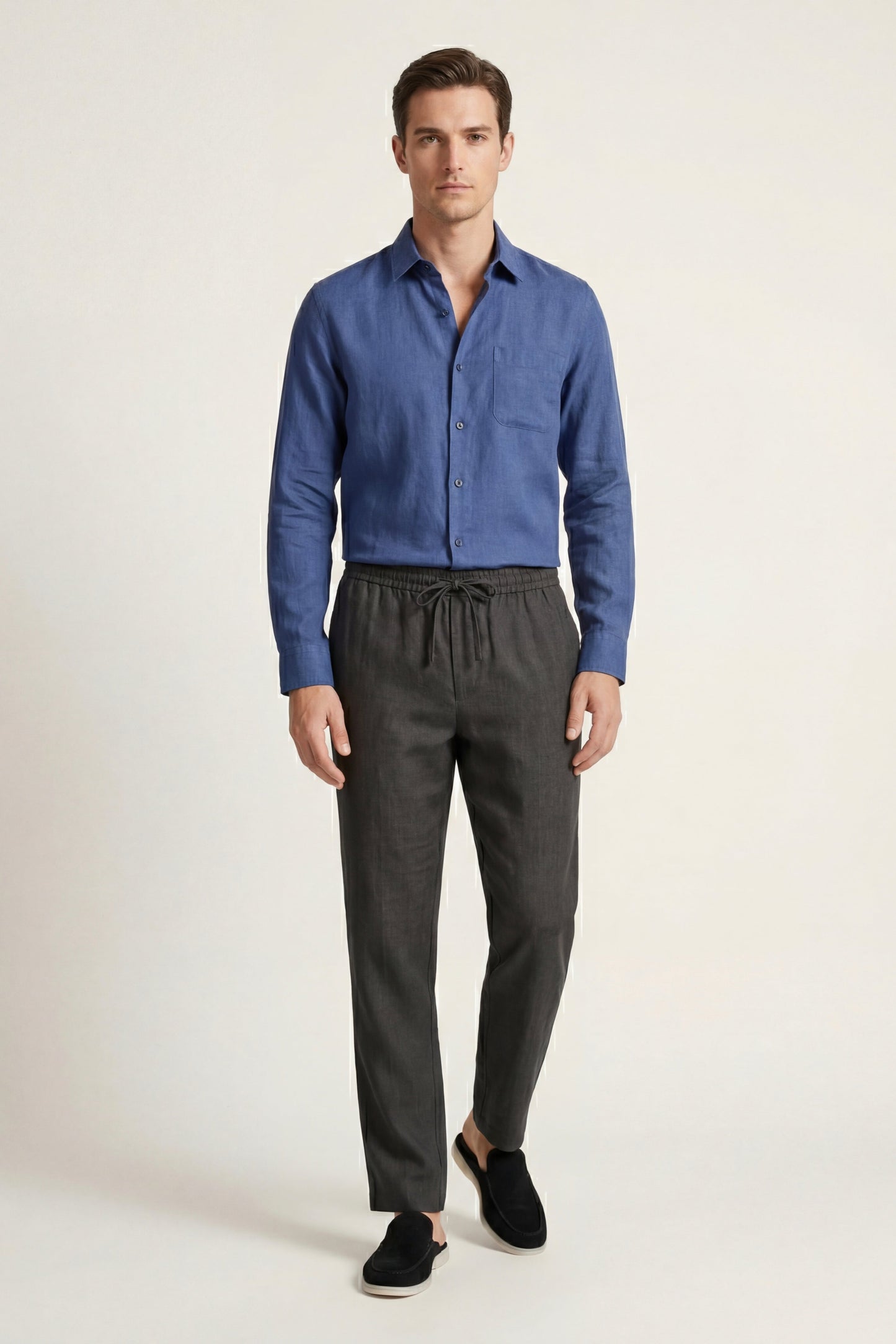 Pisa de Luna Bellucci, conjunto de lino de manga larga para hombre en azul/negro